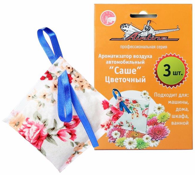 Ароматизатор автомобильный Airline Саше, цветочный, 3 штAF-S01-FL Ароматизатор автомобильный Airline Саше, цветочный, 3 штAF-S01-FLАроматизатор Airline Саше позволит избавить салон автомобиля от посторонних запахов, которым подвержена машина на дороге. В комплекте ароматизаторов представлены 3 изделия белой расцветки с цветочным принтом. При установке изделия в салон автомобиля, в нем всегда будет присутствовать сладкий цветочный аромат и ощущение свежести. Ароматизатор подходит для машины, дома, шкафа и ванной.