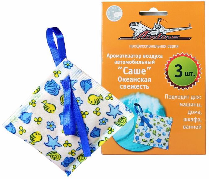 Ароматизатор автомобильный Airline Саше, океанская свежесть, 3 штAF-S01-OF Ароматизатор автомобильный Airline Саше, океанская свежесть, 3 штAF-S01-OFПреимуществом ароматизатора Airline Саше является возможность поместить его в любой части автомобиля на горизонтальной или вертикальной поверхности. Ароматизатор изготовлен в компактном размере, а также имеет яркий морской принт на внешней стороне изделия. Аромат океанской свежести поможет избавить салон от неприятных запахов. В наборе представлены ароматизаторы в количестве 3 штук. Ароматизатор подходит для машины, дома, шкафа и ванной.