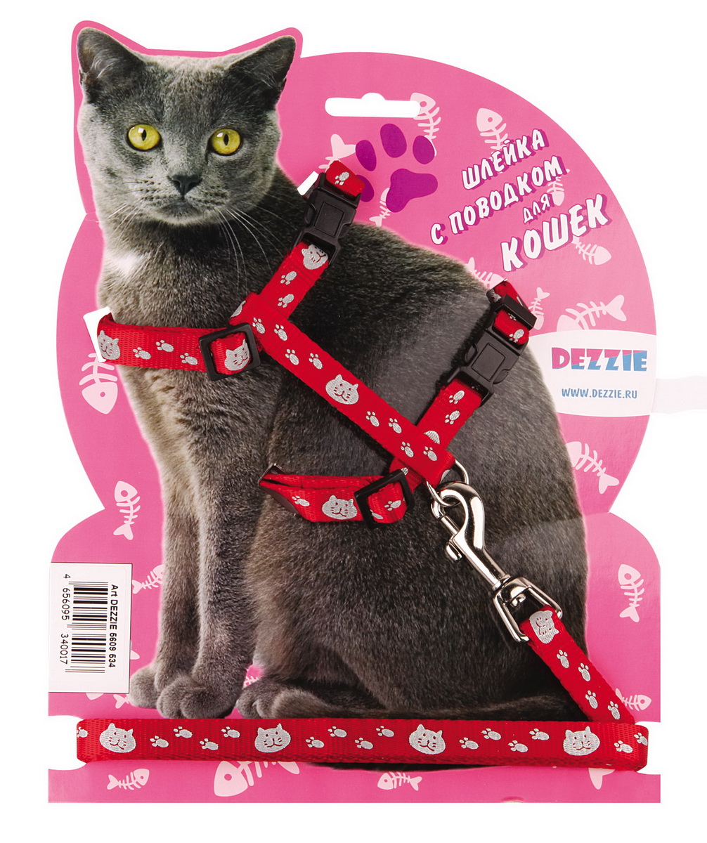 Шлейка для кошек Dezzie, с поводком, ширина 1 см, обхват груди 34-57 см, цвет: красный, белый. 56095345609534 Шлейка для кошек Dezzie, с поводком, ширина 1 см, обхват груди 34-57 см, цвет: красный, белый. 56095345609534Шлейка Dezzie, изготовленная из прочного нейлона, подходит для кошек крупных размеров. Крепкие пластиковые элементы делают ее надежной и долговечной. Обхват шлейки регулируется при помощи пряжек. В комплект входит поводок из нейлона, который крепится к шлейке с помощью металлического карабина. Шлейка и поводок оформлены изображением кошачьей мордочки и следов лапок. Шлейка - это альтернатива ошейнику. Правильно подобранная шлейка не стесняет движения питомца, не натирает кожу, поэтому животное чувствует себя в ней уверенно и комфортно. Обхват груди: 34-57 см. Ширина шлейки/поводка: 1 см. Длина поводка: 120 см. Длина ошейника: 34-57 см.