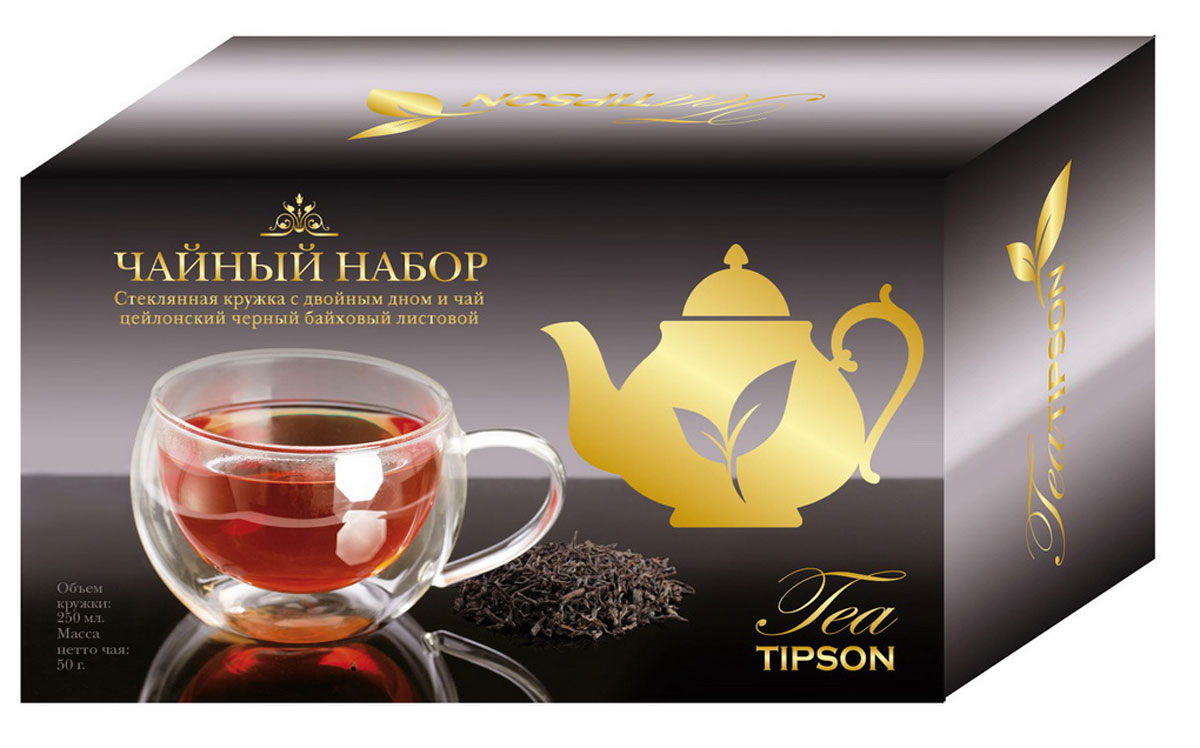 Tipson Подарочный набор Империал №1 черный листовой чай, 50 г + кружка10079-00 Tipson Подарочный набор Империал №1 черный листовой чай, 50 г + кружка10079-00Набор Tipson Империал №1 включает в себя упаковку цейлонского черного чая и элегантную кружку из стекла с двойным дном. Набор идеально подойдет настоящим ценителям классического черного чая и согреет душу уютными семейными вечерами. Кружка с двойным дном изготовлена из стекла. Объем кружки - 0,25 л. Срок годности не ограничен, страна изготовления кружки - Китай.
