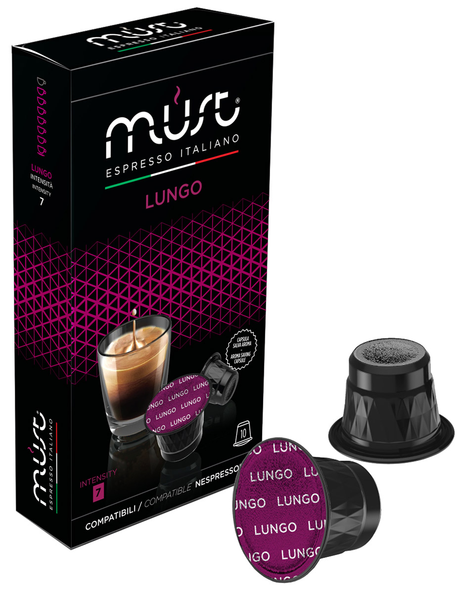 MUST Lungo кофе капсульный, 10 шт8056370761050 MUST Lungo кофе капсульный, 10 шт8056370761050MUST Lungo - это сбалансированная кофейная смесь для приготовления напитка большого объема. Вы почувствуете аромат какао и миндаля, нежный и бархатистый вкус, а в послевкусии ощущаются нотки орехов. Уважаемые клиенты! Обращаем ваше внимание на то, что упаковка может иметь несколько видов дизайна. Поставка осуществляется в зависимости от наличия на складе.