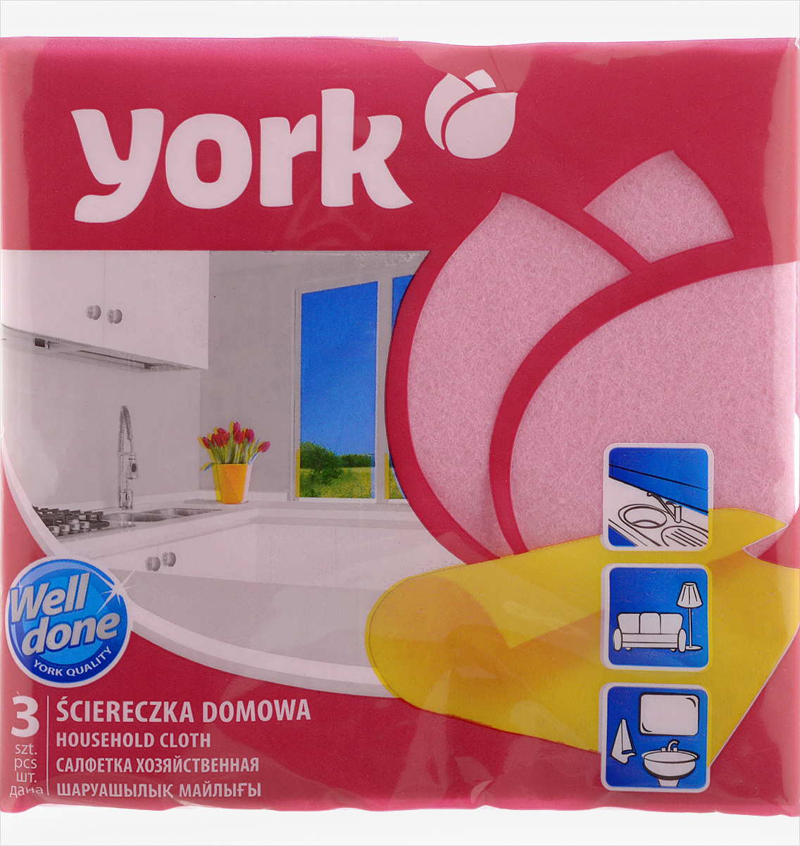 Салфетка хозяйственная York, цвет: розовый, 35 х 35 см, 3 шт5903355000051, 020010 Салфетка хозяйственная York, цвет: розовый, 35 х 35 см, 3 шт5903355000051, 020010Универсальная салфетка York предназначена для мытья, протирания и полировки. Она выполнена из вискозы с добавлением полипропиленового волокна, отличается высокой прочностью. Хорошо поглощает влагу, эффективно очищает поверхности и не оставляет ворсинок. Идеальна для ухода за столешницами и раковиной на кухне, за стеклом и зеркалами, деревянной мебелью. Может использоваться в сухом и влажном виде.