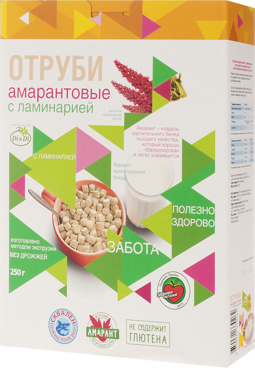 Di & Di отруби амарантовые с ламинарией, 250 г4650061330262 Di & Di отруби амарантовые с ламинарией, 250 г4650061330262Отруби из амарантовой муки - это новый продукт здорового питания. Амарант - уникальное растение, которое названо ООН продуктом 21 века. Амарант содержит в полтора раза больше (до 17%), чем в пшенице, в три раза клетчатки (до 7%), в четыре раза - минеральных веществ (кальций, железо, фосфор, калий и другие). Амарант - кладезь сбалансированного и легко усвояемого растительного белка, витаминов, полинасыщенных жирных кислот, омега-3 и омега-6, холина, а так же триптофана, способствующего выработке гормона радости - серотонина. Отруби из амарантовой муки обладают высокой питательной ценностью, не содержат глютен и являются полноценным продуктом функционального питания.