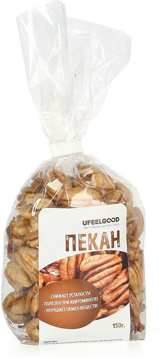 UFEELGOOD Пекан орех, 150 г1017 UFEELGOOD Пекан орех, 150 г1017Пекан богат мононенасыщенными жирами, которые помогают в увеличении уровня так называемого хорошего холестерина и снижении уровня плохого. Данный продукт употребляют как сырым, так и жареным или сушеным. Также его добавляют в другие блюда. В Америке очень распространены различные виды сладостей, десертов, в состав которых он входит. Также пекан - любимец ценителей орехов по всему миру, и не зря. Мало того, что орехи пекан очень вкусные, они также содержат питательные вещества, которые делают их идеальной закуской для детей и взрослых.