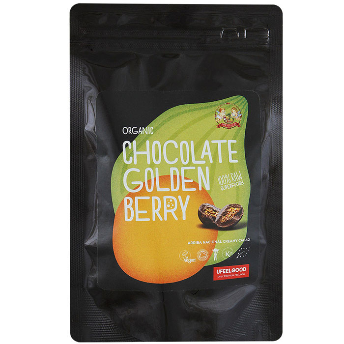 UFEELGOOD Organic Chocolate Golden Berry физалис в сыром шоколаде, 50 г4680016092129 UFEELGOOD Organic Chocolate Golden Berry физалис в сыром шоколаде, 50 г4680016092129Ягоды физалиса пользуются большой популярностью во всем мире, а сочетание кисло-сладкого вкуса ягод с нежным шоколадом и щепоткой ванили добавило им еще больше поклонников. Продукт можно употреблять как самостоятельное блюдо, а также добавлять в выпечку, различные смузи, кашу, творог. Золотые ягоды в шоколаде станут отличным перекусом.
