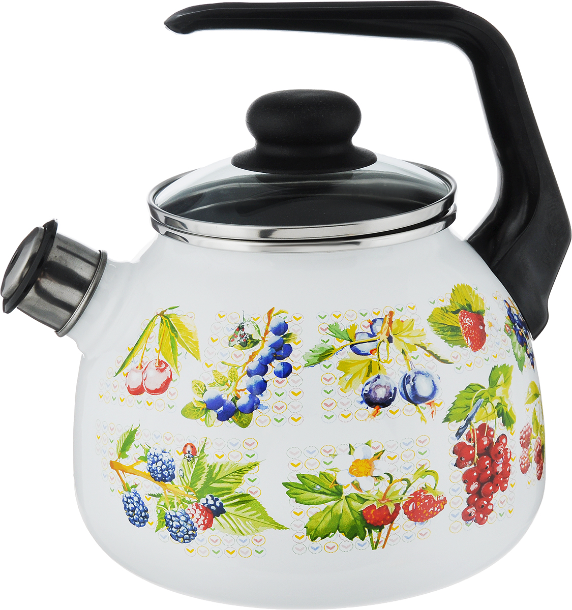 Чайник СтальЭмаль Вкус лета, со свистком, 3 л4с209/я Чайник СтальЭмаль Вкус лета, со свистком, 3 л4с209/яЧайник СтальЭмаль Вкус лета выполнен из высококачественного стального проката, покрытого двумя слоями жаропрочной эмали. Такое покрытие защищает сталь от коррозии, придает посуде гладкую стекловидную поверхность и надежно защищает от кислот и щелочей. Чайник оснащен фиксированной пластиковой ручкой и стеклянной крышкой, которая благодаря своей форме плотно прилегает к краю посуды. Свисток на носике чайника громко оповестит, когда закипела вода. Внешние стенки дополнены красочным изображением ягод. Эстетичный и функциональный чайник будет оригинально смотреться в любом интерьере. Подходит для газовых, электрических, стеклокерамических, индукционных плит. Можно мыть в посудомоечной машине. Диаметр (по верхнему краю): 12,5 см. Высота чайника (без учета ручки и крышки): 15 см. Высота чайника (с учетом ручки): 23,5 см.