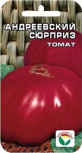 Семена Сибирский сад Томат. Андреевский сюрприз, 20 штBP-00000431 Семена Сибирский сад Томат. Андреевский сюрприз, 20 штBP-00000431Среднеспелый, крупноплодный сорт универсального назначения. Период от полных всходов до начала созревания- 112-120 дней. Растения среднерослые, высотой до 1,5 м. Лист крупный, темно-зеленый, соцветие простое, компактное. Первое соцветие закладывается над 7-8 листом. Плоды очень крупные, до 900 г, плоскоокруглые, слаборебристые, многокамерные, мясистые, сладкие. Достаточно устойчив к заболеваниям. Для открытого грунта и пленочных укрытий. Выращивается рассадным способом. На 1 м2 размещают 2 растения. Требует подвязки и своевременного пасынкования.