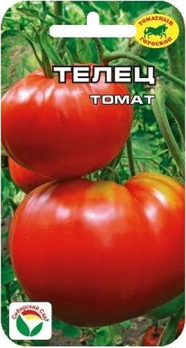 Семена Сибирский сад Томат. Телец, 20 штBP-00000674 Семена Сибирский сад Томат. Телец, 20 штBP-00000674Среднеранний крупноплодный сорт для открытого грунта и пленочных теплиц. От всходов до начала созревания 112 дней. Растение детерминантное, высотой 85-95 см. Первое соцветие формируется над 8-9 листом, последующие через 1-2 листа. Томаты очень крупные, 300-600 г, некоторые до 700 г. Плоды округлые, глянцевые, малиновой окраски, мясистые, при этом практически не растрескиваются, а благодаря толстой стенке - до 1 см - долго лежат и прекрасно дозревают. Вкусовые качества замечательные. Урожайность сорта до 6 кг с 1 м2. Сорт выращивается на подвязке к шпалере либо к колу. Для улучшения опыления необходимо периодически встряхивать растение. Посев на рассаду производят за 50-60 дней до высадки растений на постоянное место. Оптимальная постоянная температура прорастания семян 23-25°С. При высадке в грунт на 1 м2 размещают 3 растения. Сорт хорошо реагирует на полив и подкормки комплексными минеральными удобрениями. Выращивается в 1-2 стебля с подвязкой и...