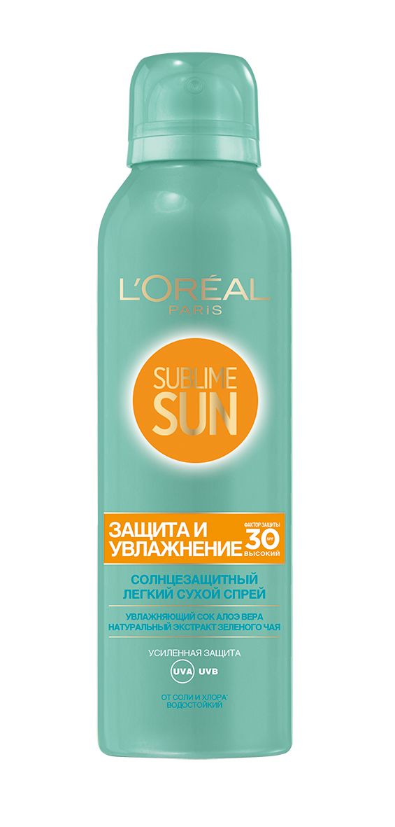 LOreal Paris Sublime Sun Сухой спрей для лица и тела Защита и Увлажнение, солнцезащитный, SPF 30, 200 мл, с соком Алоэ и экстрактом зеленого чаяA9024200 LOreal Paris Sublime Sun Сухой спрей для лица и тела Защита и Увлажнение, солнцезащитный, SPF 30, 200 мл, с соком Алоэ и экстрактом зеленого чаяA9024200Солнцезащитный сухой спрей для лица и тела, освежающий вашу кожу.