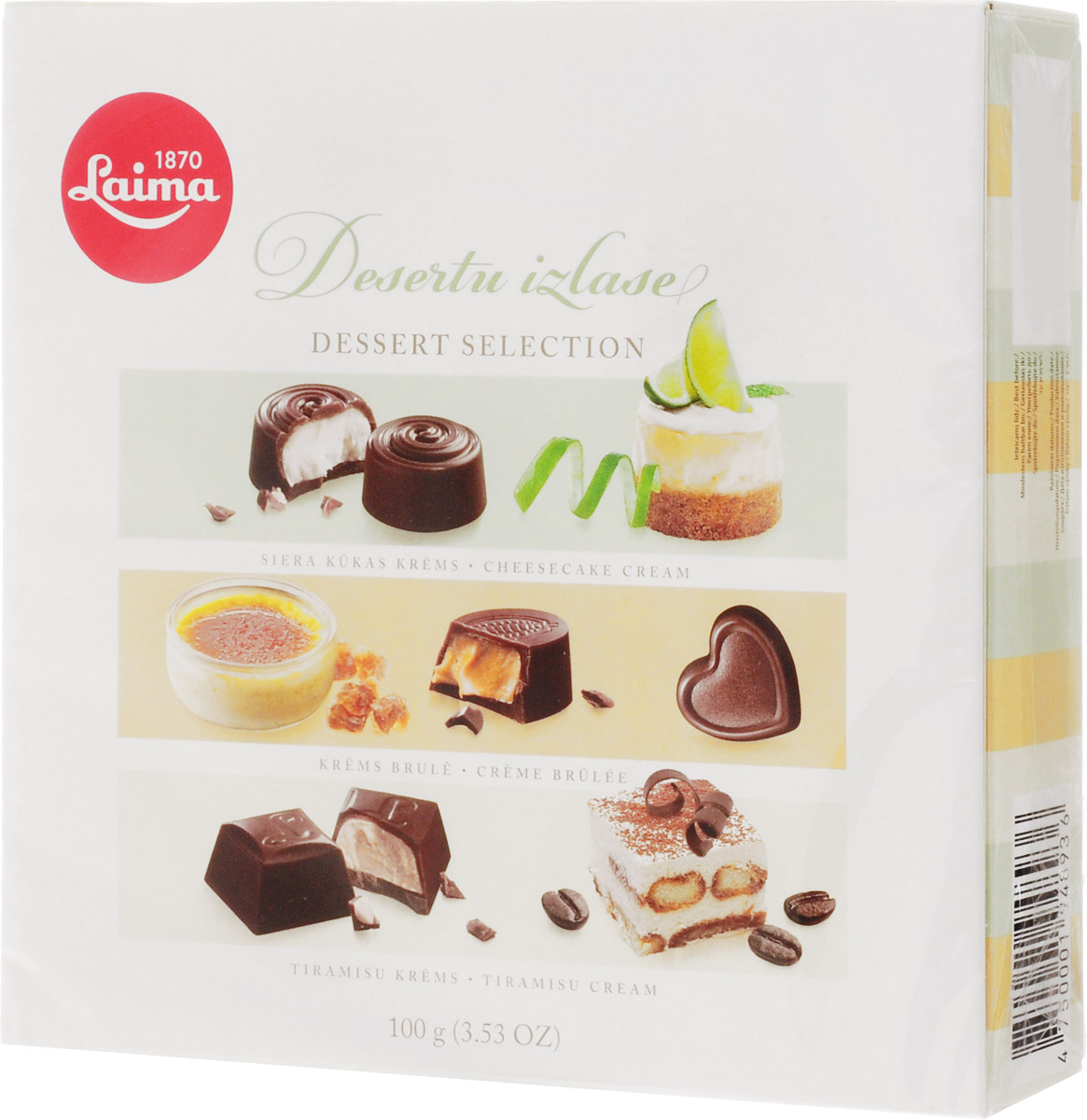 Laima Со вкусами самых популярных десертов Ассорти шоколадных конфет, 100 гP140040011 Laima Со вкусами самых популярных десертов Ассорти шоколадных конфет, 100 гP140040011Десертная подборка Laima сочетает в себе три ранее неслыханных вкуса – сказочно-нежный крем-брюле, почитаемый гурманами тирамису и свежий сырный пирог. Маленькие коробочки – великолепное лакомство для посещения гостей, или когда просто хочется себя побаловать!