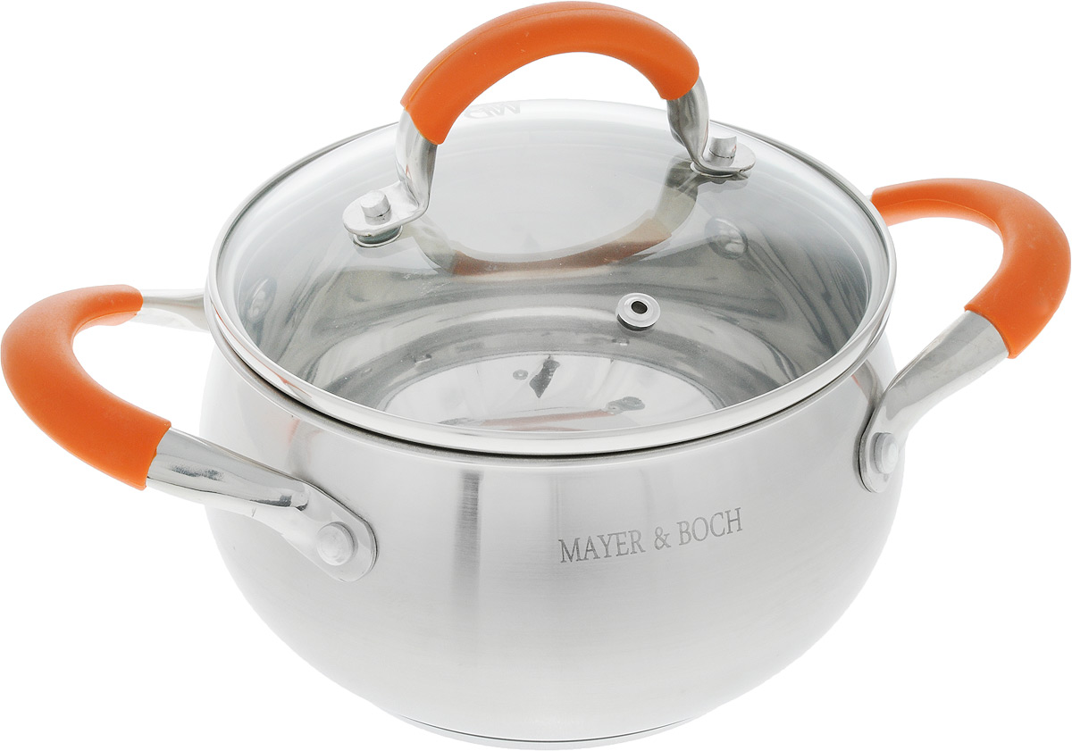 Кастрюля Mayer & Boch Modern с крышкой, 2,1 л. 2279322793 Кастрюля Mayer & Boch Modern с крышкой, 2,1 л. 2279322793Кастрюля Mayer & Boch изготовлена из высококачественной нержавеющей стали. Комбинация матовой и зеркальной полировки внешнего покрытия придает изделию особо эстетичный стильный вид. Изделие предназначено для здорового и экологичного приготовления пищи. Внутренняя гладкая поверхность легко чистится - можно мыть в воде руками или протирать полотенцем. Кастрюля оснащена двумя удобными ручками с ненагревающимися силиконовыми вставками. Крышка из термостойкого стекла снабжена металлическим ободом, удобной ручкой с силиконовым покрытием и отверстием для выпуска пара. Такая крышка позволяет следить за процессом приготовления пищи без потери тепла. Она плотно прилегает к краю кастрюли, сохраняя аромат блюд. Подходит для всех типов плит, включая индукционные. Можно мыть в посудомоечной машине. Подходит для хранения пищи в холодильнике. Диаметр (по верхнему краю): 16 см. Высота стенок: 10 см. Ширина (с учетом ручек): 27.5 см.