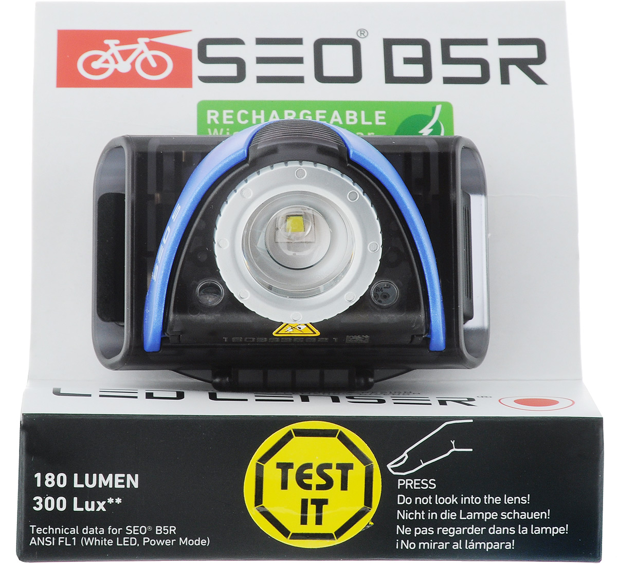 Фонарь велосипедный LED LENSER SEO B5R, передний, с зарядкой от USB9005-RB Фонарь велосипедный LED LENSER SEO B5R, передний, с зарядкой от USB9005-RBПередний велофонарь LED LENSER SEO B5R предназначен для обеспечения большей безопасности при поездках в темное время суток. Он легко крепится и снимается без дополнительных инструментов на основу диаметром 1-3 см. Корпус изделия выполнен из прочного пластика. Фонарь имеет 3 режима: 2 вида яркости свечения и мигание. Фонарь питается от литий-ионного аккумулятора, заряжающегося от компьютера при помощи встроенного USB. Время свечения: 5-20 ч. Дальность свечения: 120 м. Размер фонаря (без учета крепления): 7 х 6 х 4,5 см.
