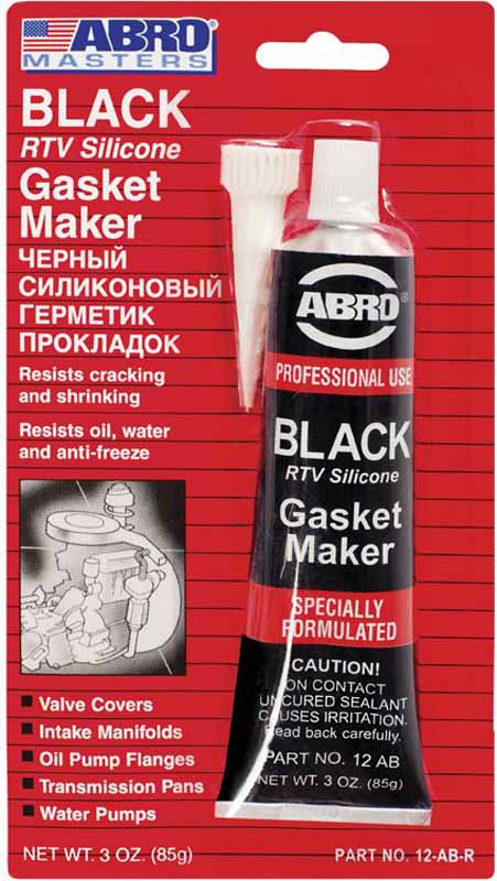 Герметик прокладок Abro Masters, цвет: черный, 85 г12-AB-CH Герметик прокладок Abro Masters, цвет: черный, 85 г12-AB-CHМногоцелевые герметики прокладок Blue, Red, Clear, Black предназначены для ремонта или замены почти всех встречающихся в автомобиле прокладок. Герметик ABRO принимает любую форму и успешно выдерживает сжатие, растяжение и сдвиг; совершенно не разрушается под действием автомобильных масел, воды и антифриза. Также герметик ABRO обладает высокой стойкостью к бензину и тормозной жидкости. Более мягкий герметик прокладок Blue (синий), также как Clear и Black (прозрачный, черный), предназначен для применения при температурах до 260°С, в то время как герметик прокладок Red (красного цвета) разработан для более высоких температур до 343°С.