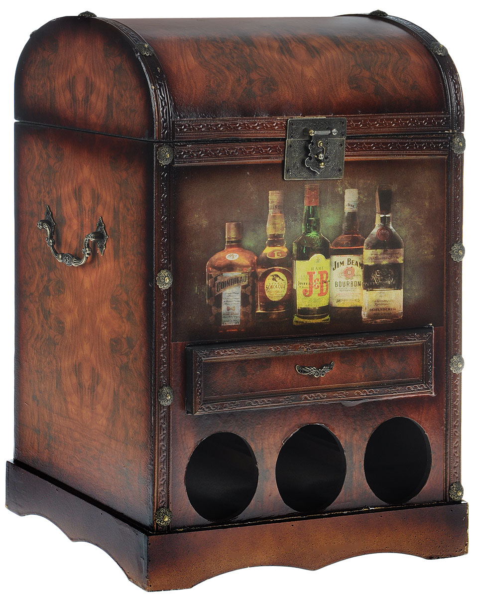 Сундук-бар Roura Decoracion, 37 х 25 х 50 см34733 Сундук-бар Roura Decoracion, 37 х 25 х 50 см34733Сундук-бар Roura Decoracion изготовлен из прочного дерева в виде старинного сундука, дополнен металлическими резными ручками и декоративными элементами. Внутренняя поверхность отделана бархатистым текстилем. В сундуке предусмотрено глубокое основное отделение, закрывающееся на курковый замок, и выдвижной ящик, который отлично подойдет для хранения небольших стопок, закусок и всевозможных аксессуаров. Внизу предусмотрены специальные отделения для хранения винных бутылок. Таким образом, сундук-бар позволяет компактно разместить вашу алкогольную коллекцию и роскошно презентовать ее своим гостям. Сундук-бар оригинально дополнит интерьер современной квартиры. Он не только внесет новый штрих в привычную обстановку, но и позволит вдохнуть некий шарм, возродить романтику путешествий, создать удивительную атмосферу уютной роскоши.