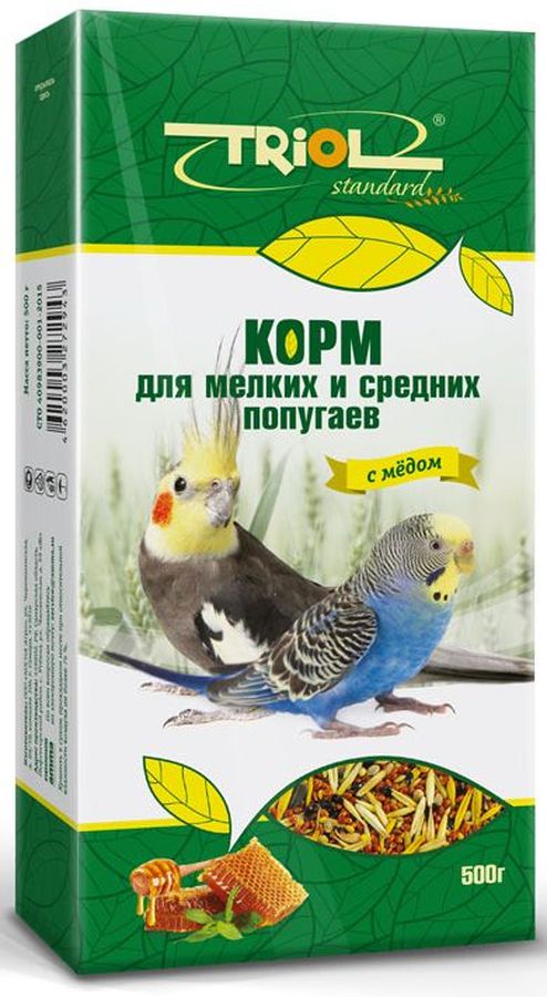 Корм Тriol Standard для мелких и средних попугаев, с медом, 500 гКф-00100 Корм Тriol Standard для мелких и средних попугаев, с медом, 500 гКф-00100Универсальная смесь из отборных зерновых культур для ежедневного кормления мелких и средних попугаев с мёдом. Корм содержит любимые пернатыми зерна и семена, сбалансирован по микро- и макроэлементам и обогащен витаминами, необходимыми для правильного развития пернатых питомцев. Основной корм для попугаев - это уникальный коктейль из зерновых и злаковых культур, а так же натуральных сущеных трав, богатых на масла семян и орехов от компании Triol. Данный продукт представляет собой полнорационный корм для средних и мелких попугаев, он содержит оптимальное количество растительных белков и клетчатки для обеспечения организма птицы жизнедеятельностью. Кроме того зерна насыщены минеральными веществами и витаминами, среди которых фосфор, минеральные соли и жиры, способствующие улучшению работы пищеварительной системы и улучшая общий обмен веществ. Так же в продукте содержаться растительные масла и экстракты трав, которые поспособствуют улучшению работы пищеварительной системы и сохранению...