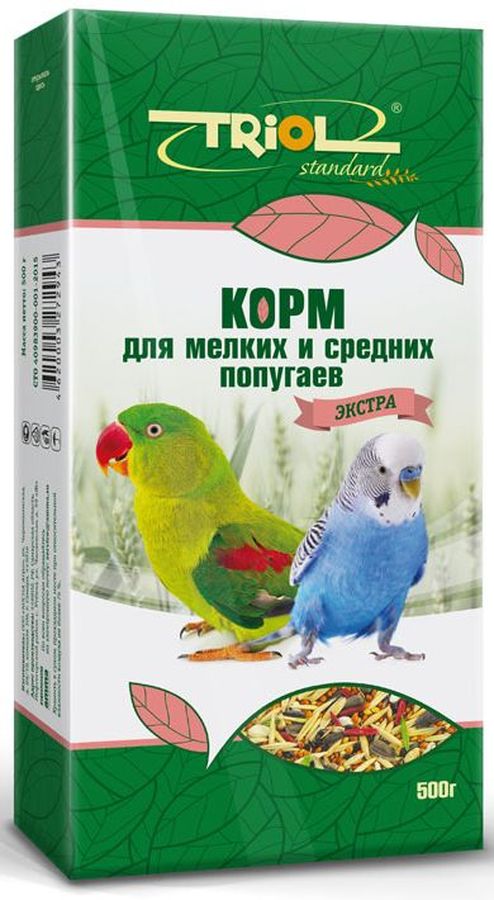 Корм Тriol Standard. Экстра для мелких и средних попугаев, 500 гКф-00200 Корм Тriol Standard. Экстра для мелких и средних попугаев, 500 гКф-00200Универсальная смесь из отборных зерновых культур для ежедневного кормления мелких и средних попугаев. Корм содержит любимые пернатыми зерна и семена, сбалансирован по микро- и макроэлементам и обогащен витаминами, необходимыми для правильного развития пернатых питомцев. Основной корм для попугаев - это уникальный коктейль из зерновых и злаковых культур, а так же натуральных сущеных трав, богатых на масла семян и орехов от компании Triol. Данный продукт представляет собой полнорационный корм для средних и мелких попугаев, он содержит оптимальное количество растительных белков и клетчатки для обеспечения организма птицы жизнедеятельностью. Кроме того зерна насыщены минеральными веществами и витаминами, среди которых фосфор, минеральные соли и жиры, способствующие улучшению работы пищеварительной системы и улучшая общий обмен веществ. Так же в продукте содержаться растительные масла и экстракты трав, которые поспособствуют улучшению работы пищеварительной системы и сохранению яркого...