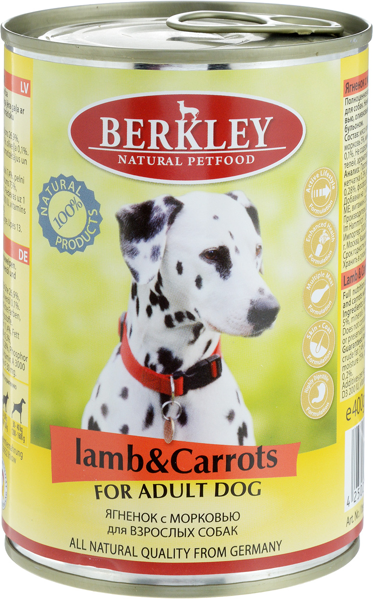 Консервы Berkley, для взрослых собак, ягненок с морковью, 400 г69562/75020 Консервы Berkley, для взрослых собак, ягненок с морковью, 400 г69562/75020Консервы Berkley - полноценное консервированное питание для взрослых собак. Не содержат сои, консервантов, искусственных красителей и ароматизаторов. Корм полностью удовлетворяет ежедневные энергетические потребности животного и обеспечивает оптимальное функционирование пищеварительной системы. Товар сертифицирован.