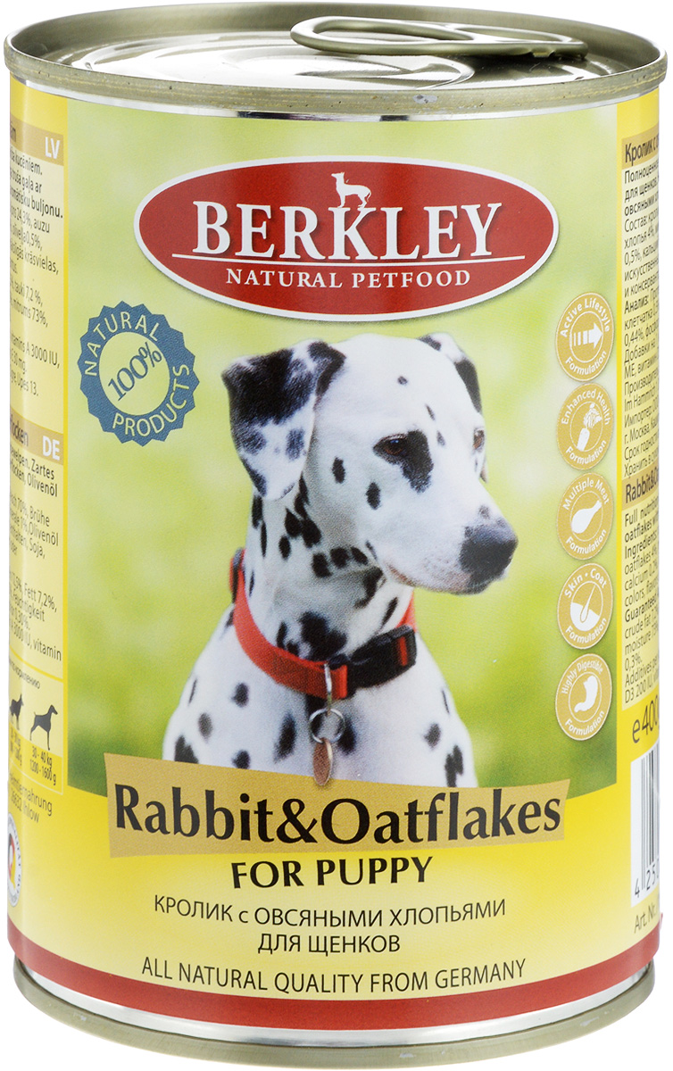 Консервы Berkley, для щенков, кролик с овсяными хлопьями, 400 г58384/75070 Консервы Berkley, для щенков, кролик с овсяными хлопьями, 400 г58384/75070Консервы Berkley - полноценное консервированное питание для щенков. Не содержат сои, консервантов, искусственных красителей и ароматизаторов. Корм полностью удовлетворяет ежедневные энергетические потребности животного и обеспечивает оптимальное функционирование пищеварительной системы. Товар сертифицирован.