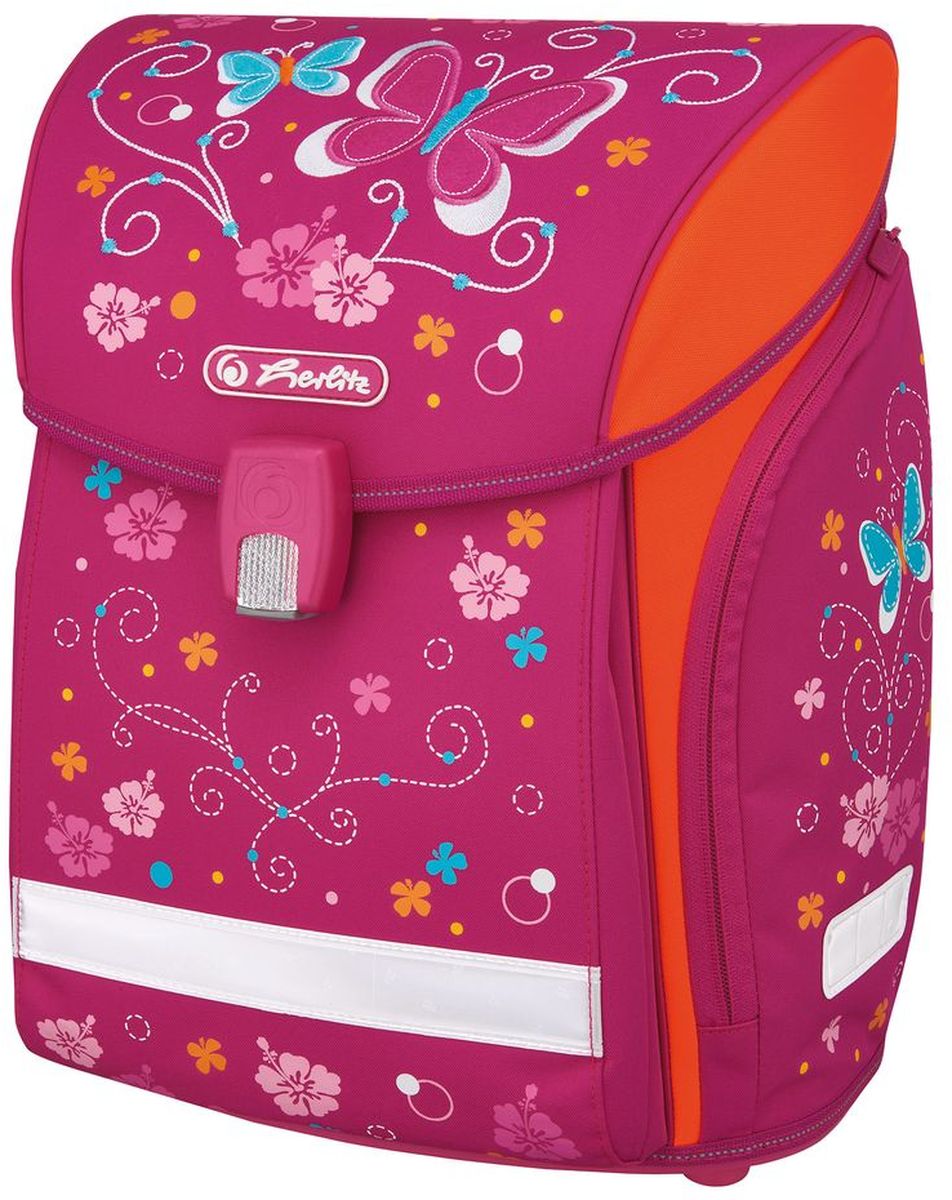 Herlitz Ранец школьный New Midi Butterfly50007752 Herlitz Ранец школьный New Midi Butterfly50007752Школьный ранец Herlitz New Midi Butterfly отличается не только красочностью, но и практичностью. Модель изготовлена из полиэстера с водоотталкивающей пропиткой. Спинка и лямки выполнены из вентилируемого материала. Светоотражающие полоски (на лямках, переднем и боковых карманах) и кант из материала 3M Scotchlite обеспечивают безопасность ребенка на дорогах. Ранец равномерно распределяет нагрузку на позвоночник благодаря эргономичной спинке и уплотненным регулируемым лямкам. Быстрый доступ к вещам обеспечивает магнитный замок Fidlock. Модель содержит два внутренних отделения для учебников и тетрадей, карман на молнии. Под крышкой предусмотрено место для расписания уроков. По бокам имеются просторные наружные карманы на молнии. Альбомы, наборы карандашей и другие принадлежности поместятся в компактный, но просторный передний карман, интегрированный в корпус. Прочное пластиковое дно защищает от загрязнений.