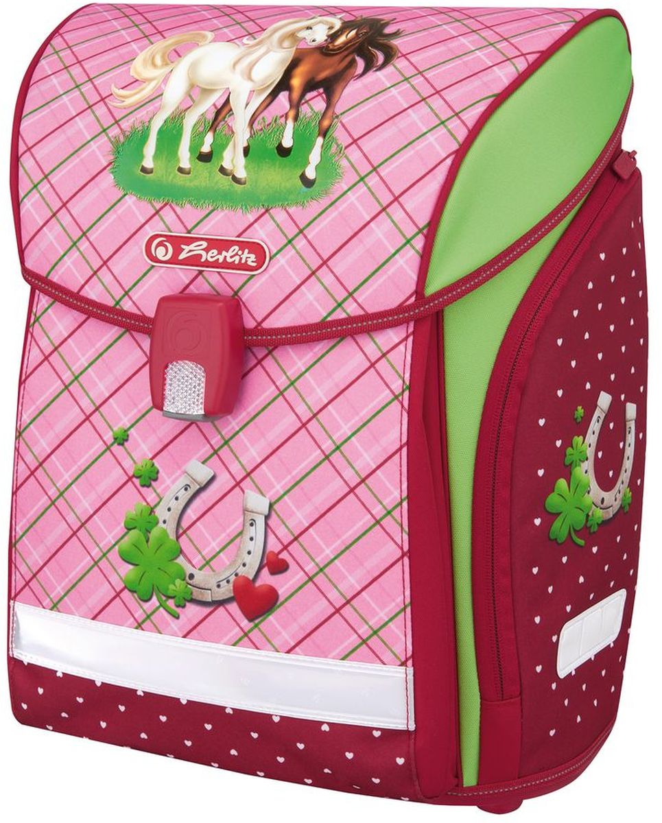 Herlitz Ранец школьный New Midi Plus Horses с наполнением 4 предмета50007820 Herlitz Ранец школьный New Midi Plus Horses с наполнением 4 предмета50007820Herlitz New Midi Plus Horses - современный ранец, в комплекте к которому идут сумка-мешок для обуви и два пенала: один для личных вещей, второй наполнен 16 предметами для школы. Модель изготовлена из полиэстера с водоотталкивающей пропиткой. Изделие закрывается с помощью магнитного замка Fidlock. Под крышкой ранца имеется место для размещения расписания уроков. Внутреннее пространство содержит 2 больших отсека для учебников и тетрадок, а также 1 карман на молнии. Снаружи расположены 3 кармана на молнии (2 боковых и 1 на лицевой стороне). Передний карман интегрирован в корпус ранца. Широкие регулируемые лямки позволяют равномерно распределить нагрузку, не нагружая позвоночник. Эргономическая спинка и лямки выполнены из вентилируемого материала. Светоотражающие полоски (на лямках, переднем и боковых карманах) и кант из материала 3M Scotchlite предназначены для безопасности ребенка в темное время суток. Дно из жесткого пластика защищает от промокания и загрязнения. ...