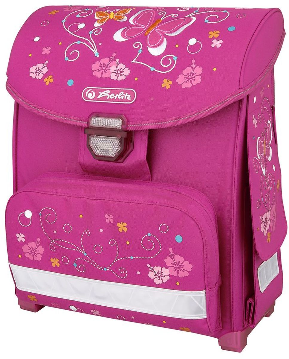 Herlitz Ранец школьный Smart Butterfly50007912 Herlitz Ранец школьный Smart Butterfly50007912Школьный ранец Herlitz Smart Butterfly с эргономичной спинкой – лучшее решение для школьников. Модель изготовлена из полиэстера с водоотталкивающей пропиткой. Замок-защелка легко открывается и закрывается благодаря специальному клапану. Изделие содержит два внутренних отделения для учебников и тетрадей. Под крышкой предусмотрено место для расписания уроков. Снаружи по бокам имеются 2 раскладывающихся кармана на липучке, спереди - 1 карман на молнии. Широкие регулируемые лямки позволяют равномерно распределить нагрузку, не нагружая позвоночник. Светоотражающие полоски (на лямках, переднем и боковых карманах) из материала 3M Scotchlite обеспечивают безопасность ребенка на дорогах. Прочное дно оснащено пластиковыми ножками для защиты от загрязнений. Вес менее 1000 грамм.