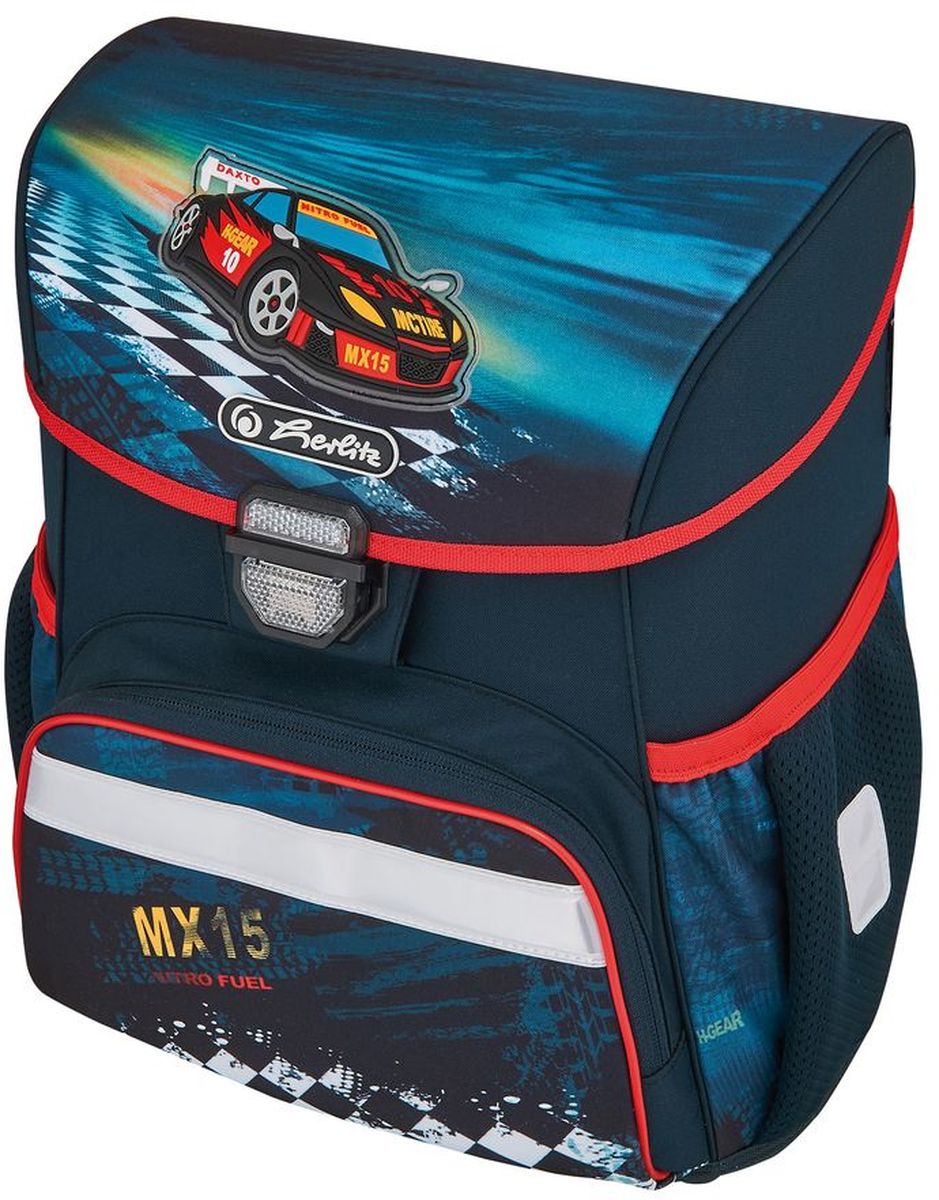 Herlitz Ранец школьный Loop Super Racer50008025 Herlitz Ранец школьный Loop Super Racer50008025Ранец Loop Super Racer без наполнения Описание: размер 37х31х24см -полиэстер - замок -защелка легко открывается и закрывается благодаря специальному клапану, - 2 внутренних отделения - расписание уроков под крышкой ранца - передний наружный карман на «молнии» - водоотталкивающая ткань - светоотражатели 3M на переднем кармане, боковых карманах и лямках - прочное пластиковое дно защищающие от загрязнения - 2 боковых кармана на резиночке - эргономичная спинка и уплотненные регулируемые лямки из вентилируемого материала. вес менее 1000 гр