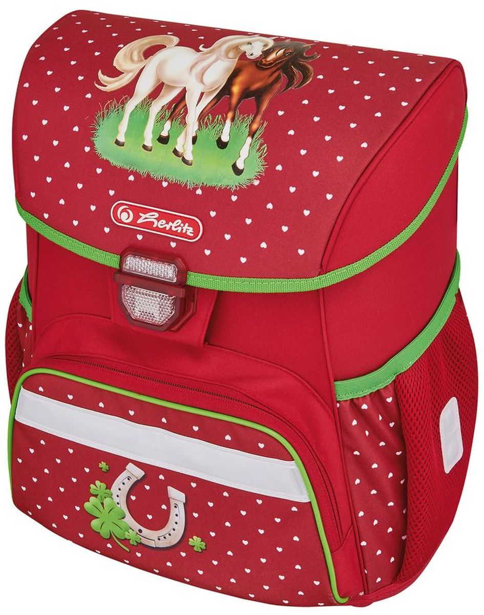 Herlitz Ранец школьный для девочки Loop Horses цвет красный50008063 Herlitz Ранец школьный для девочки Loop Horses цвет красный50008063Школьный ранец для девочки Loop Horses подарит ребенку удобство и стильный внешний вид. Исполненный из полиэстера, он имеет два основных отделения, прикрытых клапаном на защелке, на внутренней стороне которого имеется расписание для уроков, два боковых кармана на резиночке, один большой внешний карман на молнии, уплотненную эргономичную спинку, твердое дно и широкие мягкие регулируемые лямки. Ткань ранца пропитана водоотталкивающим составом. Для удобства переноски рюкзак снабжен ручкой, а чтобы ребенка можно было распознать на дороге в сумерки - светоотражателями. Вес ранца меньше килограмма.