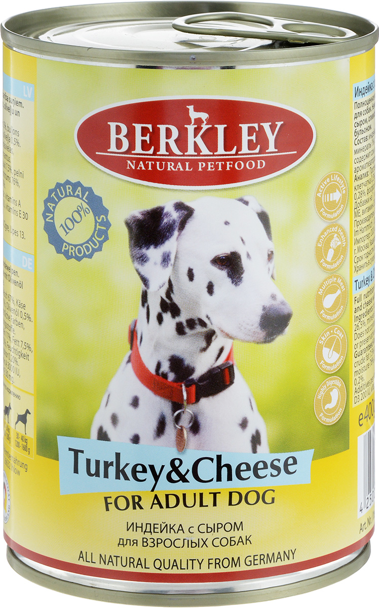 Консервы Berkley, для взрослых собак, индейка с сыром, 400 г58382/75071 Консервы Berkley, для взрослых собак, индейка с сыром, 400 г58382/75071Консервы Berkley - полноценное консервированное питание для взрослых собак. Не содержат сои, консервантов, искусственных красителей и ароматизаторов. Корм полностью удовлетворяет ежедневные энергетические потребности животного и обеспечивает оптимальное функционирование пищеварительной системы. Товар сертифицирован.