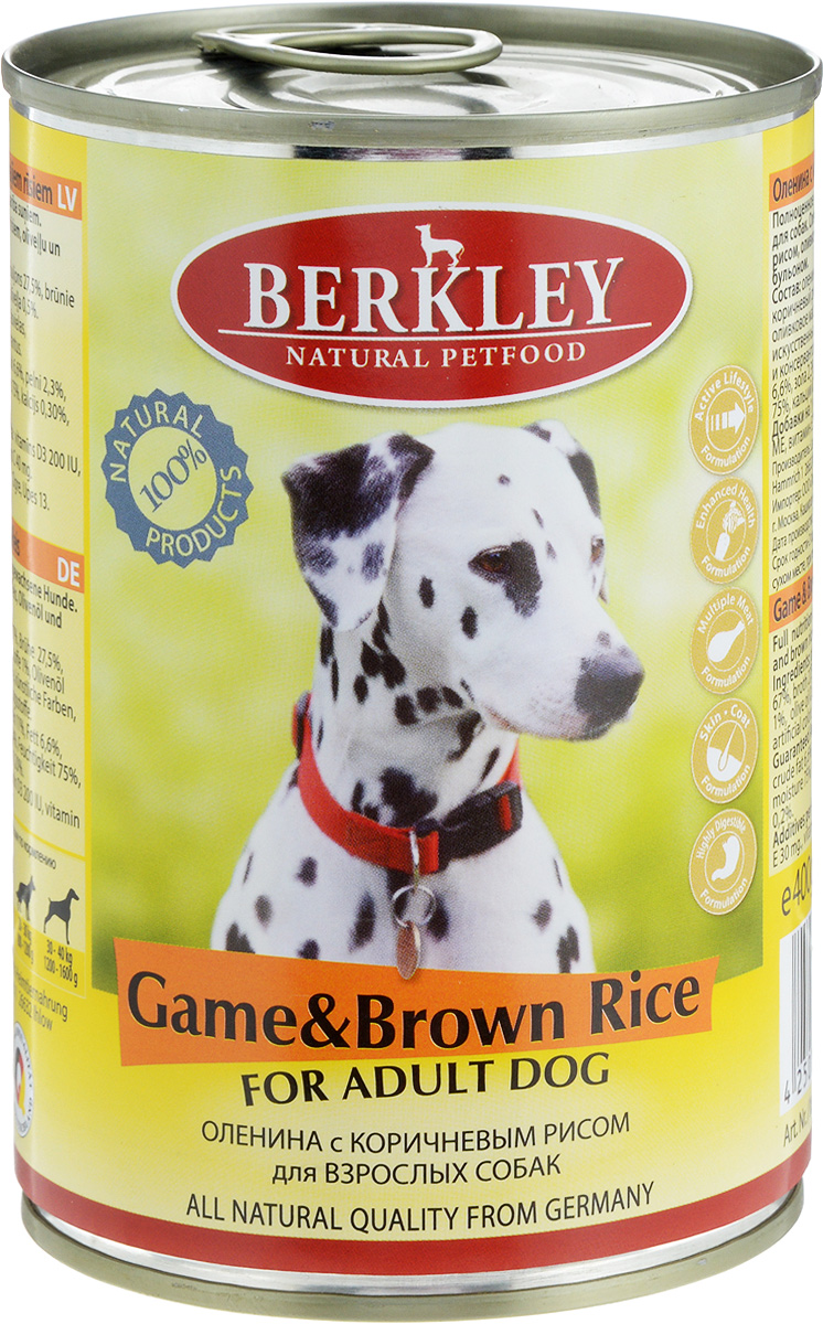 Консервы Berkley, для взрослых собак, оленина с коричневым рисом, 400 г58381/75073 Консервы Berkley, для взрослых собак, оленина с коричневым рисом, 400 г58381/75073Консервы Berkley - полноценное консервированное питание для взрослых собак. Не содержат сои, консервантов, искусственных красителей и ароматизаторов. Корм полностью удовлетворяет ежедневные энергетические потребности животного и обеспечивает оптимальное функционирование пищеварительной системы. Товар сертифицирован.