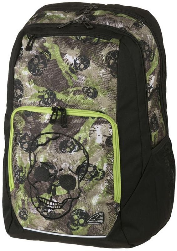Walker Рюкзак школьный Splend Skull42111/60 Walker Рюкзак школьный Splend Skull42111/60Рюкзак Splend Skull 32x46x24 см Объем: 32 л Материал: 600D Polyester -Отделение для ноутбука - 3 отделения на молнии - вместительный передний кармашек на молнии - Эргономичная спинка; - основной отсек с гибкими разделителями - уплотненные регулируемые по высоте лямки из вентилируемого материала; - грудная стяжка - влагоотталкивающая ткань - светоотражающие элементы - держатель для ключей - боковые карманы на резиночке -удобная широкая ручка для переноса