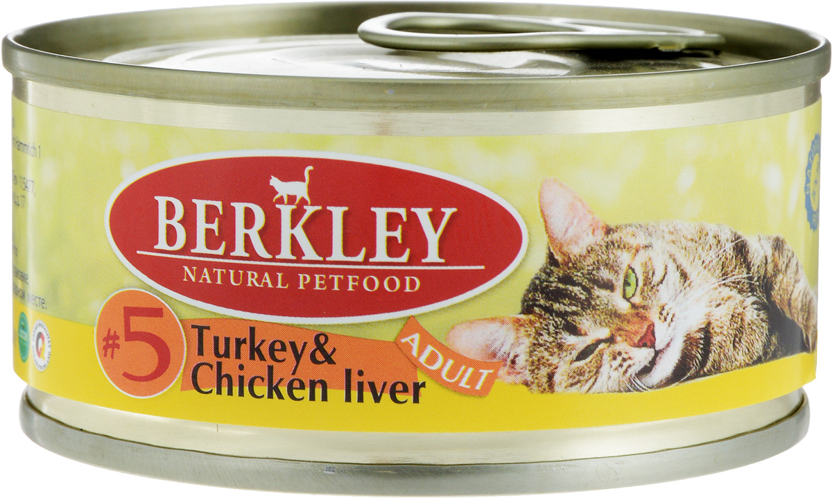 Консервы для кошек Berkley №5, индейка с куриной печенью, 100 г57461/75104 Консервы для кошек Berkley №5, индейка с куриной печенью, 100 г57461/75104Консервы Berkley №5 - полноценное консервированное питание для кошек. Не содержат сои, консервантов, искусственных красителей и ароматизаторов. Корм полностью удовлетворяет ежедневные энергетические потребности животного и обеспечивает оптимальное функционирование пищеварительной системы. Товар сертифицирован.