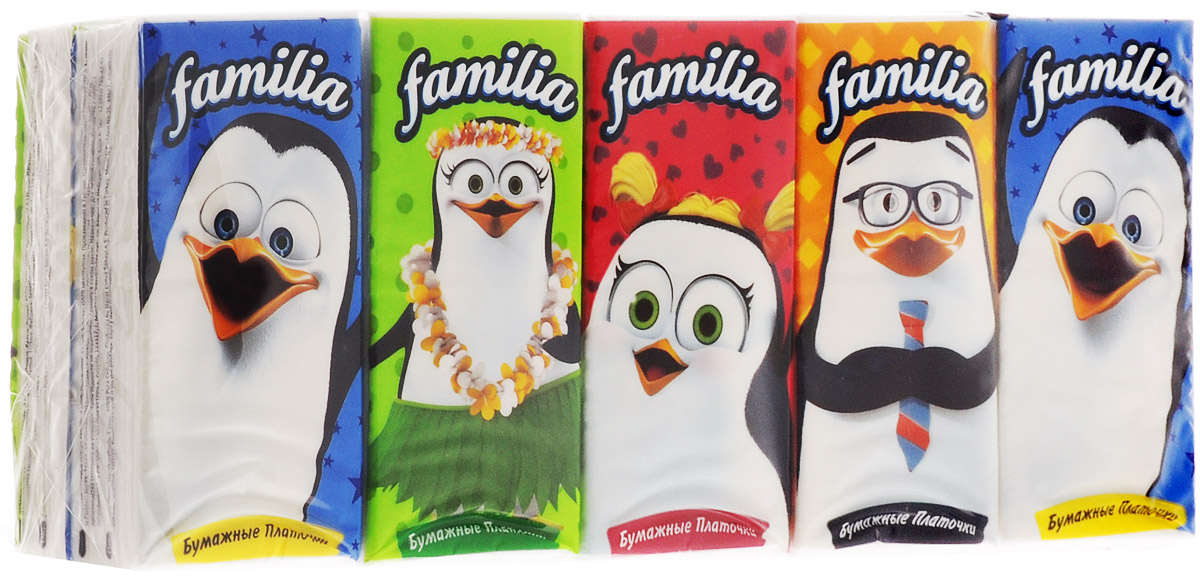 Familia Бумажные платочки 10 пачек по 10 шт15307 Familia Бумажные платочки 10 пачек по 10 шт15307Бумажные платочки Familia легко умещаются в кармане или сумочке, чтобы быть под рукой в нужный момент. Специальная обработка и прессовка делает эти мягкие трехслойные платочки удивительно прочными. Гладкая и нежная поверхность с тиснением не раздражает и не царапает чувствительную кожу и не оставляет волосков после использования.