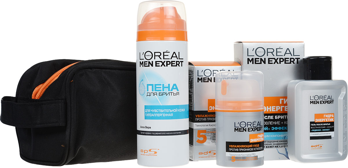 Набор LOreal Paris Men Expert Гидра Энергетик Пена для бритья, 200 мл, + Гель после бритья, 100 мл, + Увлажняющий Уход для лица, 50 млZRU04402 Набор LOreal Paris Men Expert Гидра Энергетик Пена для бритья, 200 мл, + Гель после бритья, 100 мл, + Увлажняющий Уход для лица, 50 млZRU04402Состав набора Пена для бритья, 200 мл Гипоаллергенная формула пены специально разработана для чувствительной кожи: она обогащена экстрактом Алоэ Вера, успокаивающим кожу и уменьшающим раздражение от бритья, защищает от жжения во время бритья. Не содержит спирта. Протестировано под дерматологическим контролем. Гель после бритья Гидра энергетик, 100 мл Обогащенная мощным охлаждающим компонентом, нежирная легкая текстура геля при нанесении на кожу превращается в жидкость и мгновенно устраняет ощущение жжения: температура кожи снижается на 1,5С. Эффект огнетушителя устраняет повреждения бритвой: раздражение, ощущение жжения, покраснения. Восстанавливающая формула успокаивает и увлажняет кожу, тонизирует и придает ей здоровый вид. Уход для лица против признаков усталости Гидра Энергетик, 50 мл Ультраосвежающий уход - это настоящий заряд энергии и тонуса для Вашей кожи! Формула, обогащенная Магнием и Витамином С, действует 24 часа.