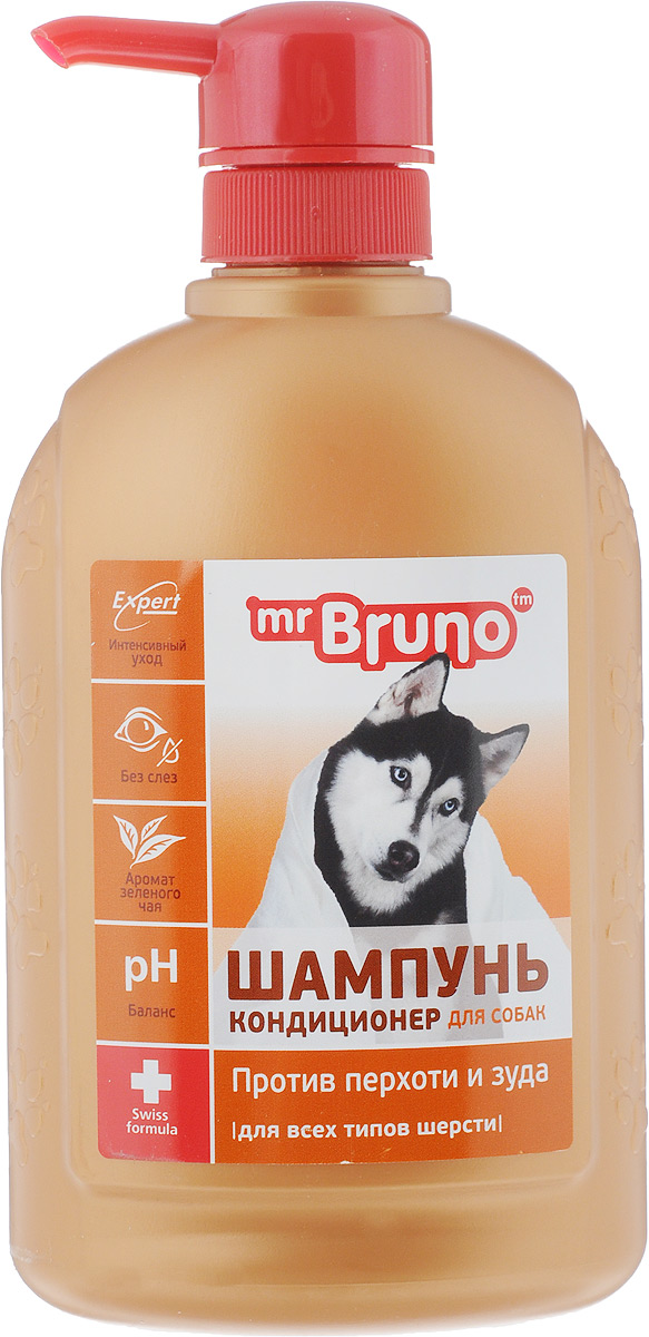 Шампунь-кондиционер для собак Mr. Bruno, против перхоти и кожного зуда, 350 млMB05-00740 Шампунь-кондиционер для собак Mr. Bruno, против перхоти и кожного зуда, 350 млMB05-00740Шампунь-кондиционер Mr. Bruno имеет формулу на основе D- пантенола и норкового масла, разработанную с учетом особенностей шерстяного покрова собак, склонных к образованию перхоти и зуду. D-пантенол бережно ухаживает за шерстью собаки и восстанавливает ее по всей длине. Легкое расчесывание приучает к регулярному и приятному грумингу. Норковое масло укрепляет шерсть и способствует ее росту, предотвращает выпадение шерсти и устраняет перхоть и зуд. Содержание исключительно мягких моющих компонентов на натуральной основе обеспечивает глубокое очищение, не нарушая защитные свойства кожи. Это позволяет использовать шампунь так часто, как это необходимо. Особенности: - успокаивает кожу, снимая зуд; - предотвращает появление перхоти; - не раздражает слизистую оболочку глаз; - сохраняет природный баланс кожи; - не смывает естественный защитный слой с кожи; - смягчает и питает кожу; - подходит для всех собак....