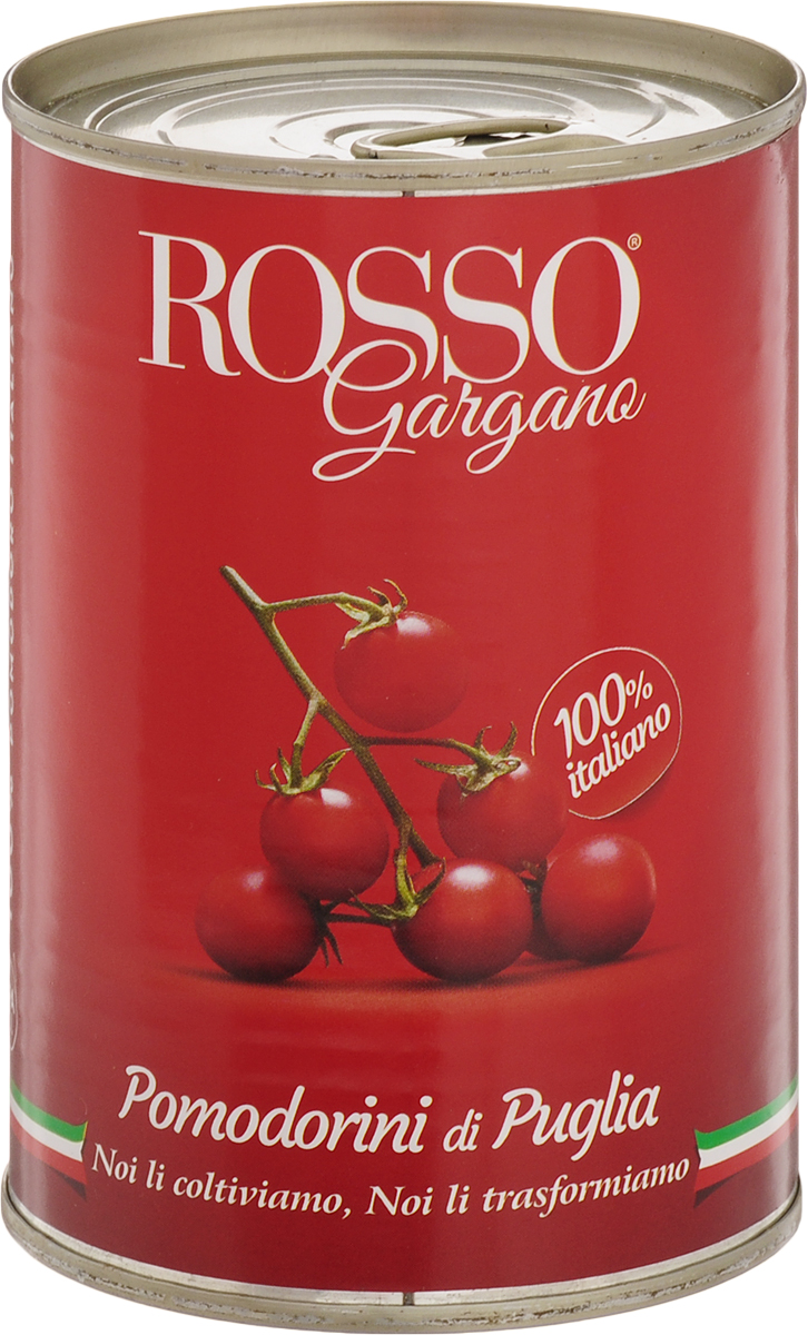 Rosso Gargano томаты черри, 400 г8033837720034 Rosso Gargano томаты черри, 400 г8033837720034Томаты сразу после сбора проходят специальную обработку для того, чтобы сохранить свою форму, свежесть, вкусовые качества и аромат. Томаты Rosso Gargano насыщенно-красного цвета, помещены в томатный сок, с приятным мягким вкусом.