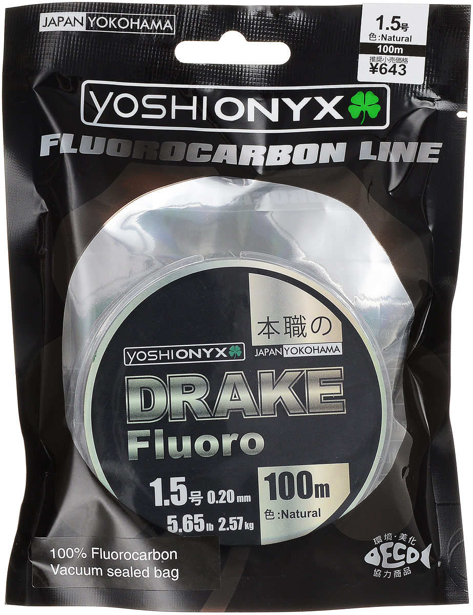 Леска Yoshi Onyx Drake Fluoro, цвет: прозрачный, 100 м, 0,20 мм, 2,57 кг89488 Леска Yoshi Onyx Drake Fluoro, цвет: прозрачный, 100 м, 0,20 мм, 2,57 кг89488Леска Yoshi Onyx Drake Fluoro - это полноценная флюорокарбоновая леска, предназначенная как для намотки на шпулю катушки, так и для монтажа разнообразных оснасток. Очень мягкая и скользкая флюорокарбоновая нить с невероятной легкостью проходит по кольцам удилища, что позволяет совершать исключительно дальние и точные забросы. Флюорокарбон обладает повышенной устойчивостью к истиранию, необычайно прочен, отличается малой растяжимостью, подходит для ловли крупной рыбы в сложных условиях. Идеален для использования на бейткастинговых (мультипликаторных) катушках в сочетании с крупными, упористыми приманками. Данная серия может применяться для ловли в самых сложных и суровых условиях, в местах с большим количеством коряжника, камней и ракушек. Drake Fluoro имеет превосходную чувствительность, что крайне необходимо при ловле аккуратно клюющей рыбы. Флюорокарбон фактически не видим в водной среде, а обладая большим, чем вода, удельным весом, легко тонет, создавая потрясающий контакт...