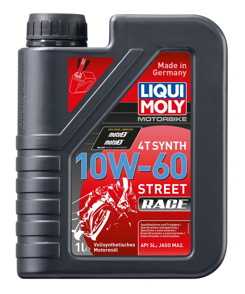 Масло моторное Liqui Moly Motorbike 4T Synth Street Race, синтетическое, 10W-60, 1 л1525 Масло моторное Liqui Moly Motorbike 4T Synth Street Race, синтетическое, 10W-60, 1 л1525Масло моторное Liqui Moly Motorbike 4T Synth Street Race предназначено для использования в гоночной мототехнике на дорогах и закрытых трассах с твердым покрытием. Универсального применения для специально подготовленных мотоциклетных двигателей. Для высоконагруженных мотоциклетных двигателей с мокрым и сухим сцеплением, воздушного и водяного охлаждения. Соответствует рекомендациям ведущих мировых производителей мототехники. Возможно использование на технике с большим пробегом. Современная формула сочетает высоковязкую ПАО-базовую основу с современными присадками. Масло совместимо с фрикционными материалами сцепления на особо мощных мотоциклетных двигателях специальной подготовки. Отменно противостоит вспениванию и перегреву. Подобранная вязкость гарантирует оптимальную защиту двигателя от прихвата и задиров. Полностью синтетическая базовая основа обеспечивает: - стабильность вязкости в эксплуатации, - стабильное смазывание при высоких оборотах, ...