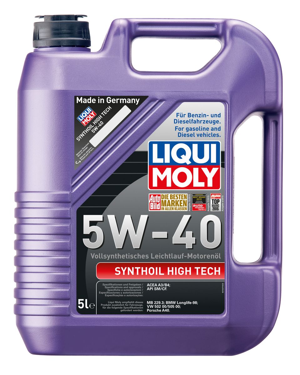 Масло моторное Liqui Moly Synthoil High Tech, синтетическое, 5W-40, 5 л1925 Масло моторное Liqui Moly Synthoil High Tech, синтетическое, 5W-40, 5 л1925Масло моторное Liqui Moly Synthoil High Tech - 100% синтетическое универсальное моторное масло на базе полиальфаолефинов (ПАО) для большинства автомобилей, для которых требования к маслам опираются на международные классификации API и ACEA. За счет оптимальной вязкости масло надежно защищает форсированные многоклапанные двигатели. Использование современных, полностью синтетических базовых масел (ПАО) и передовых технологий в области разработок присадок гарантирует низкую вязкость масла при низких температурах, высокую надежность масляной пленки. Моторные масла линейки Synthoil предотвращают образование отложений в двигателе, снижают трение и надежно защищают от износа. Особенности: - Быстрое поступление масла ко всем деталям двигателя при низких температурах - Высокая смазывающая способность - Замечательная термоокислительная стабильность и устойчивость к старению - Оптимальная чистота двигателя - Протестировано и совместимо с катализаторами...