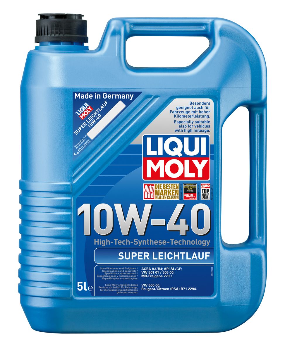 Масло моторное Liqui Moly Super Leichtlauf, НС-синтетическое, 10W-40, 5 л1929 Масло моторное Liqui Moly Super Leichtlauf, НС-синтетическое, 10W-40, 5 л1929Масло моторное Liqui Moly Super Leichtlauf - универсальное моторное масло на базе гидрокрекинговой технологии синтеза (HC-синтеза). Удовлетворяет современным требованиям международных стандартов API и ACEA, а также имеет оригинальные допуски таких производителей, как Mercedes-Benz, Volkswagen Group. Масло имеет высокую стабильность к окислению и угару, поэтому может использоваться в нагруженных бензиновых и дизельных двигателях с турбонаддувом и интеркулером. В моторном масле Leichtlauf Super 10W-40 используются базовые компоненты, произведенные по новейшим технологиям синтеза и отличающиеся высочайшими защитными свойствами. Масло содержит современный пакет присадок, который обеспечивает высокий уровень защиты от износа и гарантирует стабильное поступление масла ко всем деталям двигателя. Особенности: - Высокая стабильность масляной пленки при высоких и низких температурах - Высокие противоизносные свойства - Обеспечивает оптимальную чистоту двигателя...