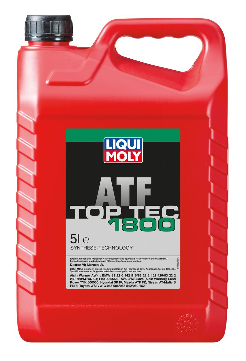 Масло трансмиссионное Liqui Moly Top Tec ATF 1800, НС-синтетическое, 5 л20662 Масло трансмиссионное Liqui Moly Top Tec ATF 1800, НС-синтетическое, 5 л20662Масло трансмиссионное Liqui Moly Top Tec ATF 1800 - HC-синтетическая жидкость для автоматических трансмиссий легковых автомобилей со специальным адаптивным пакетом присадок, отвечающая требованиям широкого круга производителей агрегатов и транспортных средств, даже при сильных температурных колебаниях. Top Tec ATF 1800 создано на базе специально отобранных маловязких масел HC-синтеза и высококачественного пакета присадок, обеспечивающего четкие переключения передач, отличную совместимость с материалами трансмиссии и гарантирующего максимальную универсальность применения. Особенности: - Имеет очень высокий индекс вязкости - Гарантирует очень высокую стабильность вязкостно-температурных характеристик - Обладает превосходными низкотемпературными свойствами - Универсально применимо Допуск: -Dexron: VI -Ford: Mercon LV