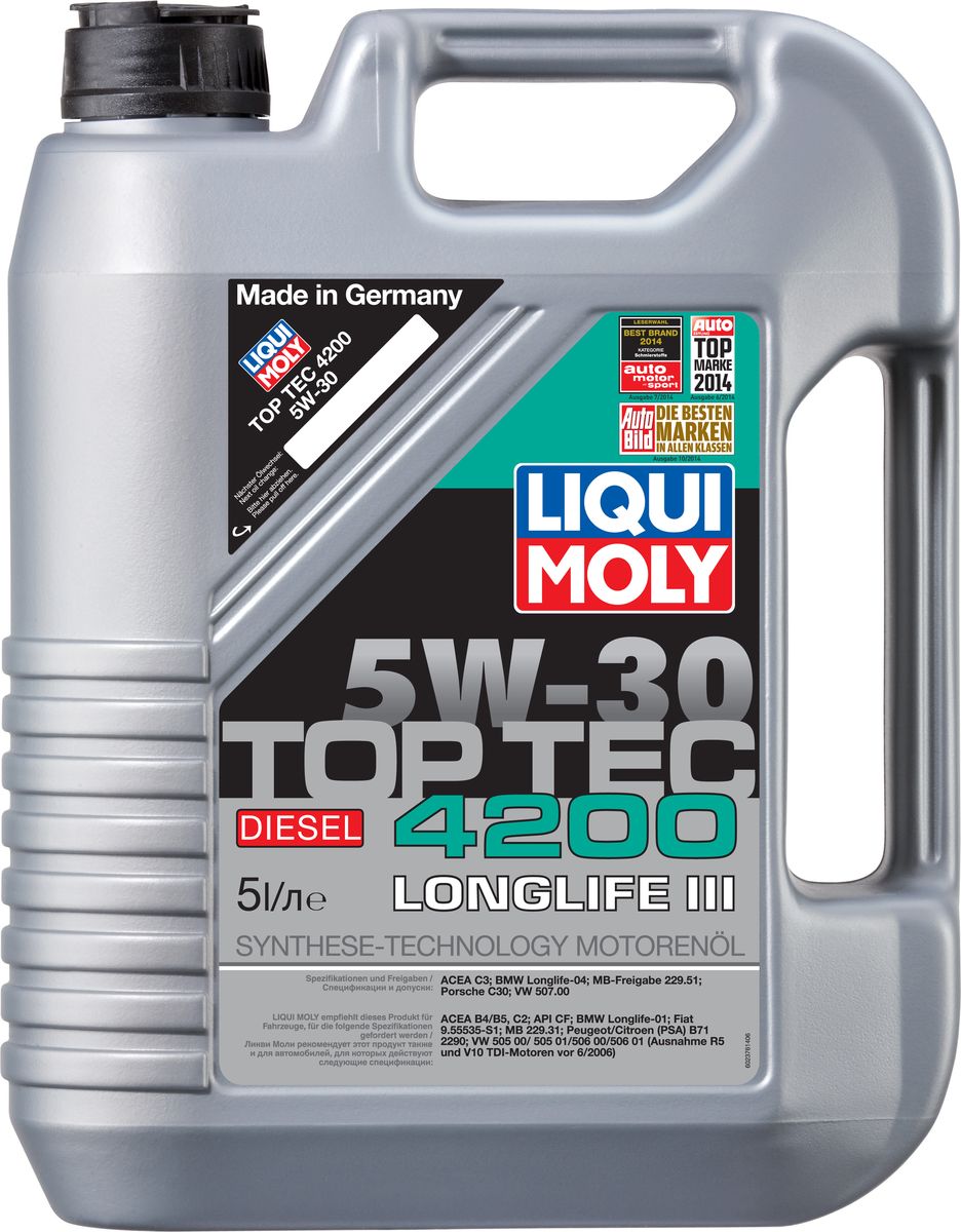 Масло моторное Liqui Moly Top Tec 4200 Diesel, НС-синтетическое, 5W-30, 5 л2376 Масло моторное Liqui Moly Top Tec 4200 Diesel, НС-синтетическое, 5W-30, 5 л2376Масло моторное Liqui Moly Top Tec 4200 Diesel рекомендуется для широкого круга современных дизельных двигателей европейских автопроизводителей, таких как Volkswagen-Audi (за исключением R5 TDI и V10 TDI, выпущенных до 06.2006, для которых подходит Synthoil Longtime Plus 0W-30); Mercedes-Benz; BMW; Fiat (дизели с 2008 модельного года); Mitsubishi, Peugeot/ Citroen (с модельного года 1999). Отлично подходит для большинства современных дизельных автомобилей корейского производства с сажевыми фильтрами (DPF). HC-синтетическое малозольное (Mid SAPS) моторное масло для дизельных двигателей легковых автомобилей, оснащенных двойной системой нейтрализации отработавших газов (в том числе DPF). Соответствует экологическим нормам EURO 4 и выше. В моторных маслах Top Tec используются базовые компоненты, произведенные по новейшим технологиям синтеза и отличающиеся высочайшими защитными свойствами. Масла содержат специальный пакет присадок с пониженным содержанием соединений серы,...