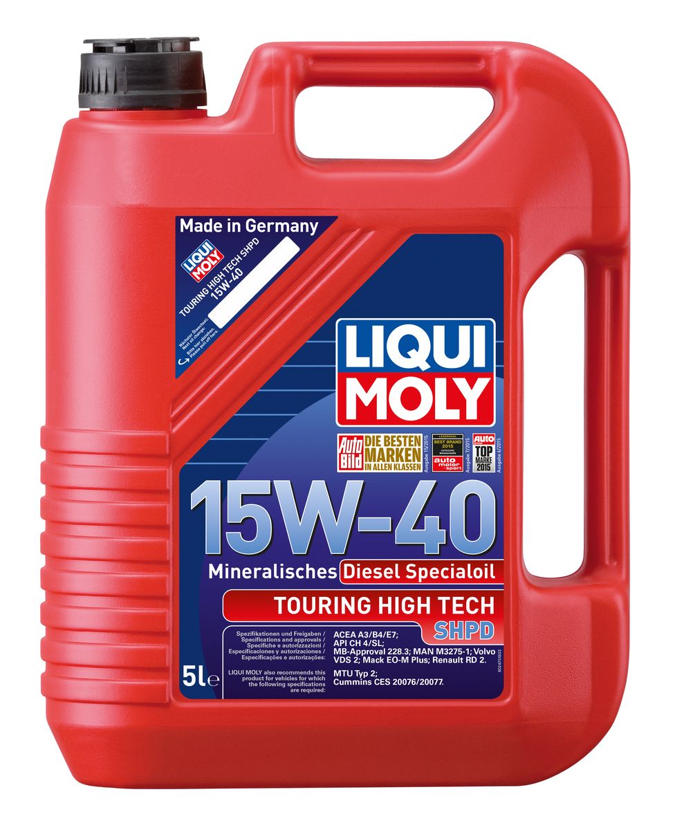 Масло моторное Liqui Moly Touring High Tech SHPD-Motoroil Basic, минеральное, 15W-40, 5 л2475 Масло моторное Liqui Moly Touring High Tech SHPD-Motoroil Basic, минеральное, 15W-40, 5 л2475Масло моторное Liqui Moly Touring High Tech SHPD-Motoroil Basic отвечает требованиям международных классификаций моторных масел как для дизельных, так и для бензиновых двигателей. Отлично подходит для дизельных двигателей тяжелой техники европейских производителей, а также новейших поколений российских грузовиков. Минеральное моторное масло для использования смешанных парков техники, рассчитанной на использование универсальных масел. Масло гарантирует надежную защиту от износа. В моторных маслах Touring High Tech используются отборные минеральные базовые масла, отличающиеся отличными защитными свойствами. Масла содержат специальный пакет присадок, что обеспечивает возможность применения как в дизельных, так и в бензиновых двигателях. Особенности: - Применимо для смешанных парков техники - Надежная защита двигателя от износа - Обеспечивает чистоту двигателя Благодаря соответствию требованиям как для дизельных, так и для бензиновых...