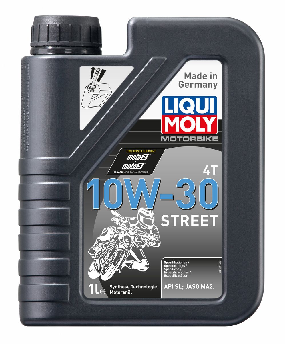 Масло моторное Liqui Moly Motorbike 4T Street, НС-синтетическое, 10W-30, 1 л2526 Масло моторное Liqui Moly Motorbike 4T Street, НС-синтетическое, 10W-30, 1 л2526Масло моторное Liqui Moly Motorbike 4T Street предназначено для эксплуатации шоссейной мототехники на дорогах общего пользования. Преимущественно для японской мототехники с 2010 года выпуска. Для высоконагруженных мотоциклетных двигателей с мокрым и сухим сцеплением, воздушного и водяного охлаждения. Использована НС-синтетическая базовая основа, сочетающая отличные противоизносные свойства с высоким индексом вязкости. Современный класс вязкости гарантирует сниженный расход топлива в сочетании с повышением мощности двигателя. Современный пакет присадок обеспечивает отменную совместимость с фрикционными материалами и оптимальное смазывание как двигателя, так и коробки передач мототехники. Масло устойчиво к высоким оборотам двигателя, отлично прокачивается. Всесезонное. НС-синтетическая базовая основа в сочетании с современными присадками обеспечивает: - оптимальное давление в системе смазки, - стабильное смазывание двигателя и...