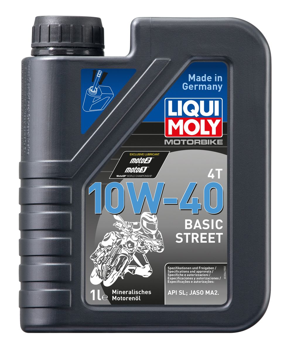 Масло моторное Liqui Moly Motorbike 4T Basic Street, минеральное, 10W-40, 1 л3044 Масло моторное Liqui Moly Motorbike 4T Basic Street, минеральное, 10W-40, 1 л3044Масло моторное Liqui Moly Motorbike 4T Basic Street предназначено для эксплуатации шоссейной мототехники на дорогах с твердым покрытием. Универсального применения, оптимально для сервисного использования. Для высоконагруженных мотоциклетных двигателей с мокрым и сухим сцеплением, воздушного и водяного охлаждения. Используется высококачественная минеральная базовая основа. Современный пакет присадок обеспечивает совместимость с фрикционными материалами и оптимальное смазывание как двигателя, так и коробки передач мототехники. Стойко к высоким оборотам двигателя. Всесезонное. Минеральная базовая основа в сочетании с современными присадками обеспечивает: - стабильное давление в системе смазки; - эффективное смазывание двигателя и КПП; - хорошие антипенные свойства; - защиту двигателя и КПП от износа; - универсальность применения; - стандартный срок службы масла. Использование моторного масла Motorbike...