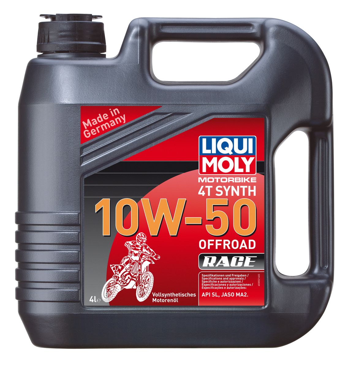 Масло моторное Liqui Moly Motorbike 4T Synth Offroad Race, синтетическое, 10W-50, 4 л3052 Масло моторное Liqui Moly Motorbike 4T Synth Offroad Race, синтетическое, 10W-50, 4 л3052Масло моторное Liqui Moly Motorbike 4T Synth Offroad Race предназначено для эксплуатации гоночной мототехники на бездорожье. Универсального применения для мотокросса, эндуро, квадроциклов, SxS, снегоходов. Для высоконагруженных мотоциклетных двигателей с мокрым и сухим сцеплением, воздушного и водяного охлаждения. Современная формула, сочетающая высокостабильную ПАО-базовую основу с современными присадками. Совместимо с фрикционными материалами сцепления даже на особо мощных мотоциклетных двигателях. Отменно противостоит повышенным температурам и перегреву. Особо эффективно в условиях запыленности. Хорошо отделяет воду. Подобранная вязкость гарантирует оптимальную защиту двигателя от прихвата и задиров. Полностью синтетическая базовая основа обеспечивает: - стабильность вязкости в эксплуатации, - стабильное смазывание, - чистоту двигателя, - высокую защиту двигателя от износа, - низкий расход масла на угар, - легкий запуск...
