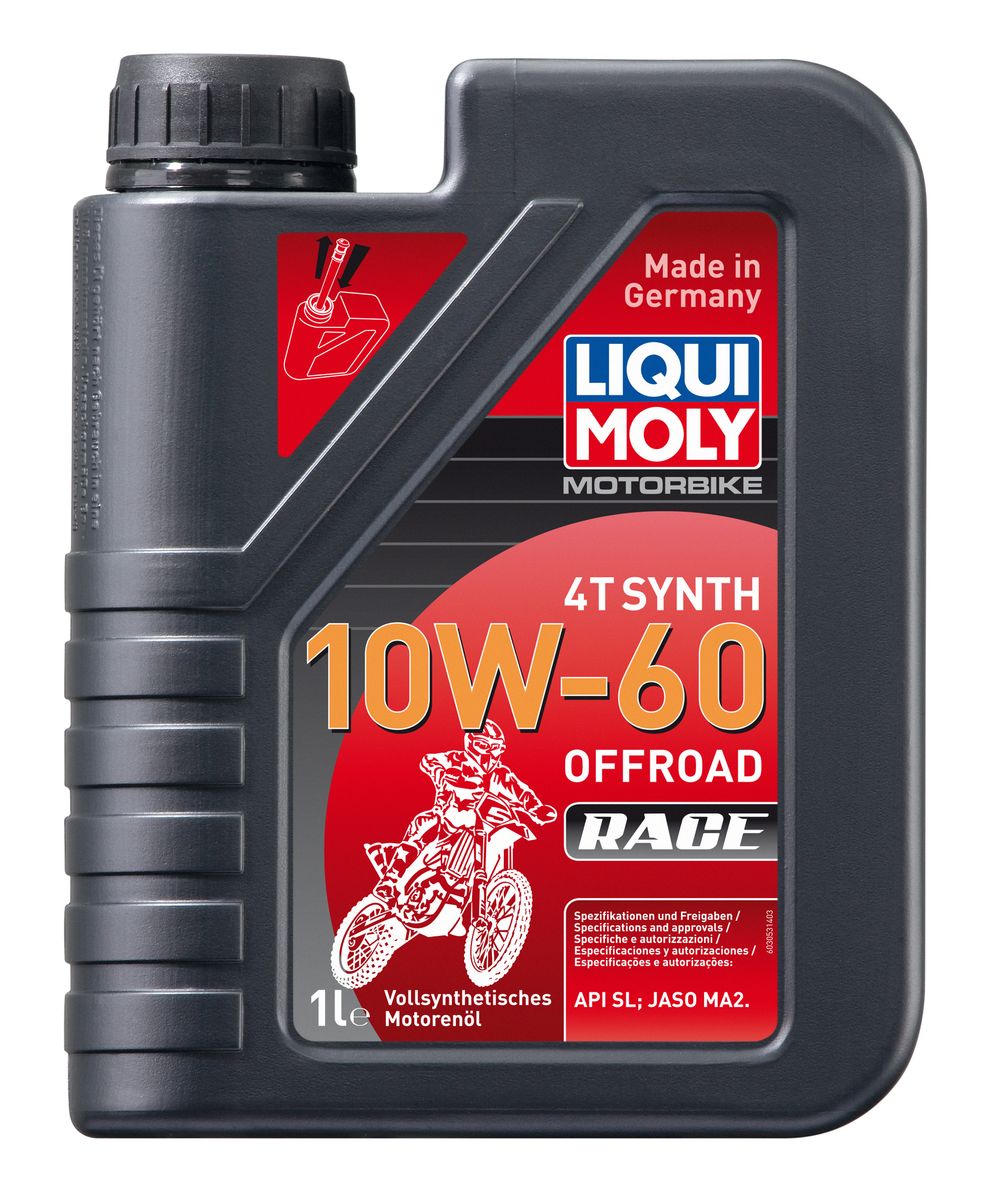 Масло моторное Liqui Moly Motorbike 4T Synth Offroad Race, синтетическое, 10W-60, 1 л3053 Масло моторное Liqui Moly Motorbike 4T Synth Offroad Race, синтетическое, 10W-60, 1 л3053Масло моторное Liqui Moly Motorbike 4T Synth Offroad Race предназначено для эксплуатации гоночной мототехники на бездорожье. Универсального применения для специально подготовленных двигателей мотоциклов для мотокросса, эндуро, квадроциклов, SxS, снегоходов. Для высоконагруженных мотоциклетных двигателей с мокрым и сухим сцеплением, воздушного и водяного охлаждения. Современная формула, сочетающая высокостабильную ПАО-базовую основу с современными присадками. Совместимо с фрикционными материалами сцепления даже на особо мощных мотоциклетных двигателях. Отменно противостоит повышенным температурам и перегреву. Особо эффективно в условиях запыленности. Хорошо отделяет воду. Подобранная вязкость гарантирует оптимальную защиту двигателя от прихвата и задиров. Максимальная защита от перегрева, выдерживает температуры до 180°С в поддоне. Универсального использования, в том числе на двигателях с большим пробегом. Полностью синтетическая базовая основа обеспечивает: ...
