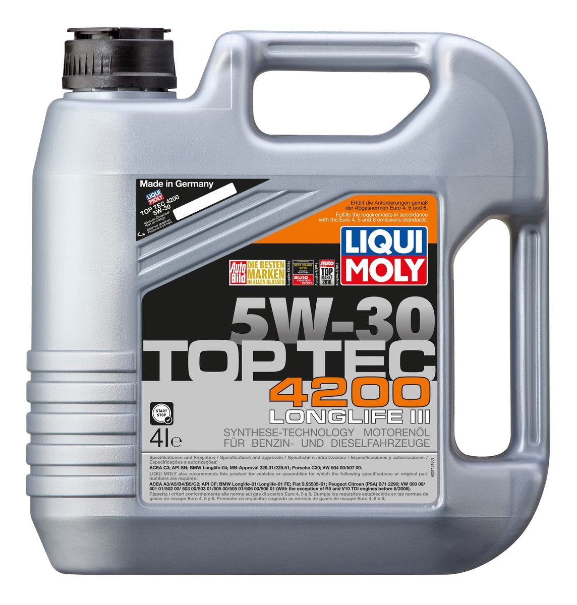 Масло моторное Liqui Moly Top Tec 4200, НС-синтетическое, 5W-30, 4 л3715 Масло моторное Liqui Moly Top Tec 4200, НС-синтетическое, 5W-30, 4 л3715Масло моторное Liqui Moly Top Tec 4200 рекомендуется для широкого круга современных двигателей европейских автопроизводителей, таких как Volkswagen-Audi (за исключением R5 TDI и V10 TDI, выпущенных до 06.2006, для которых подходит Synthoil Longtime Plus 0W-30); Mercedes-Benz; BMW; Fiat (дизели с 2008 модельного года); Mitsubishi, Peugeot/ Citroen (с модельного года 1999). Отлично подходит для большинства современных дизельных автомобилей корейского производства с сажевыми фильтрами (DPF). HC-синтетическое малозольное (Mid SAPS) моторное масло для двигателей легковых автомобилей, оснащенных двойной системой нейтрализации отработавших газов (в том числе DPF). Соответствует экологическим нормам EURO 4 и выше. В моторных маслах Top Tec используются базовые компоненты, произведенные по новейшим технологиям синтеза и отличающиеся высочайшими защитными свойствами. Масла содержат специальный пакет присадок с пониженным содержанием соединений серы, фосфора и хлора, что...