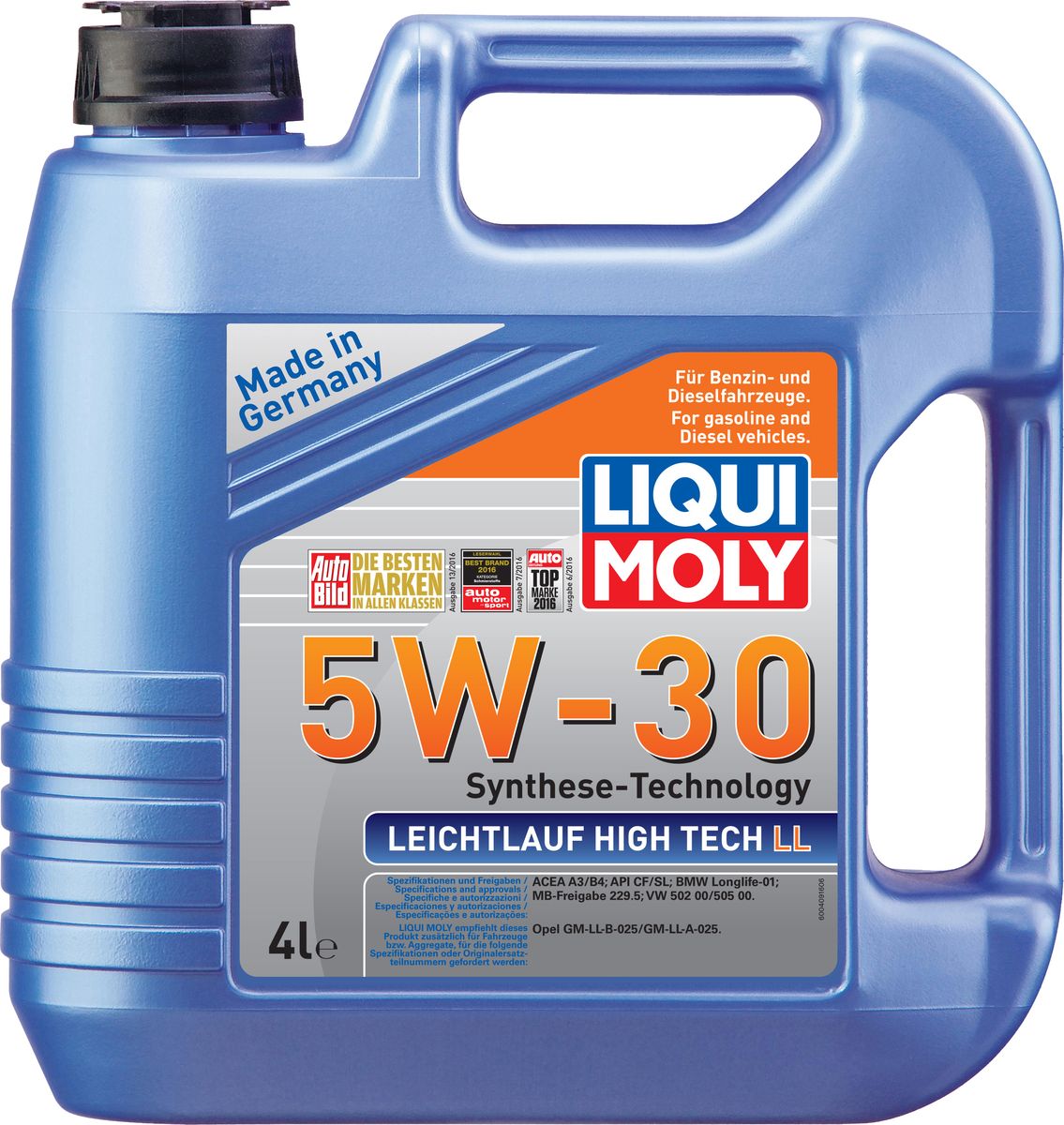Масло моторное Liqui Moly Leichtlauf High Tech LL, НС-синтетическое, 5W-30, 4 л39006 Масло моторное Liqui Moly Leichtlauf High Tech LL, НС-синтетическое, 5W-30, 4 л39006Масло моторное Liqui Moly Leichtlauf High Tech LL - универсальное моторное масло на базе гидрокрекинговой технологии синтеза (HC-синтеза). Удовлетворяет современным требованиям международных стандартов API и ACEA, а также имеет оригинальные допуски таких производителей, как Mercedes-Benz, BMW, Volkswagen Group, Ford. Отлично подходит для двигателей с турбонаддувом, катализаторами и под высокие интервалы замены. Масло обладает популярнейшим классом вязкости для современных автомобилей. Особенности: - быстро смазывает, - снижает трение и износ, - оптимальное давление масла при всех условиях применения, - гарантирует высокий ресурс, - снижает потребление топлива - снижает потребление масла - проверено на катализаторах и турбонагнетателях, - пригодно к смешиванию с аналогичными моторными маслами, - гарантировано чистый двигатель. Масло обладает высокой надежностью и ресурсом, поддерживает двигатель в ...