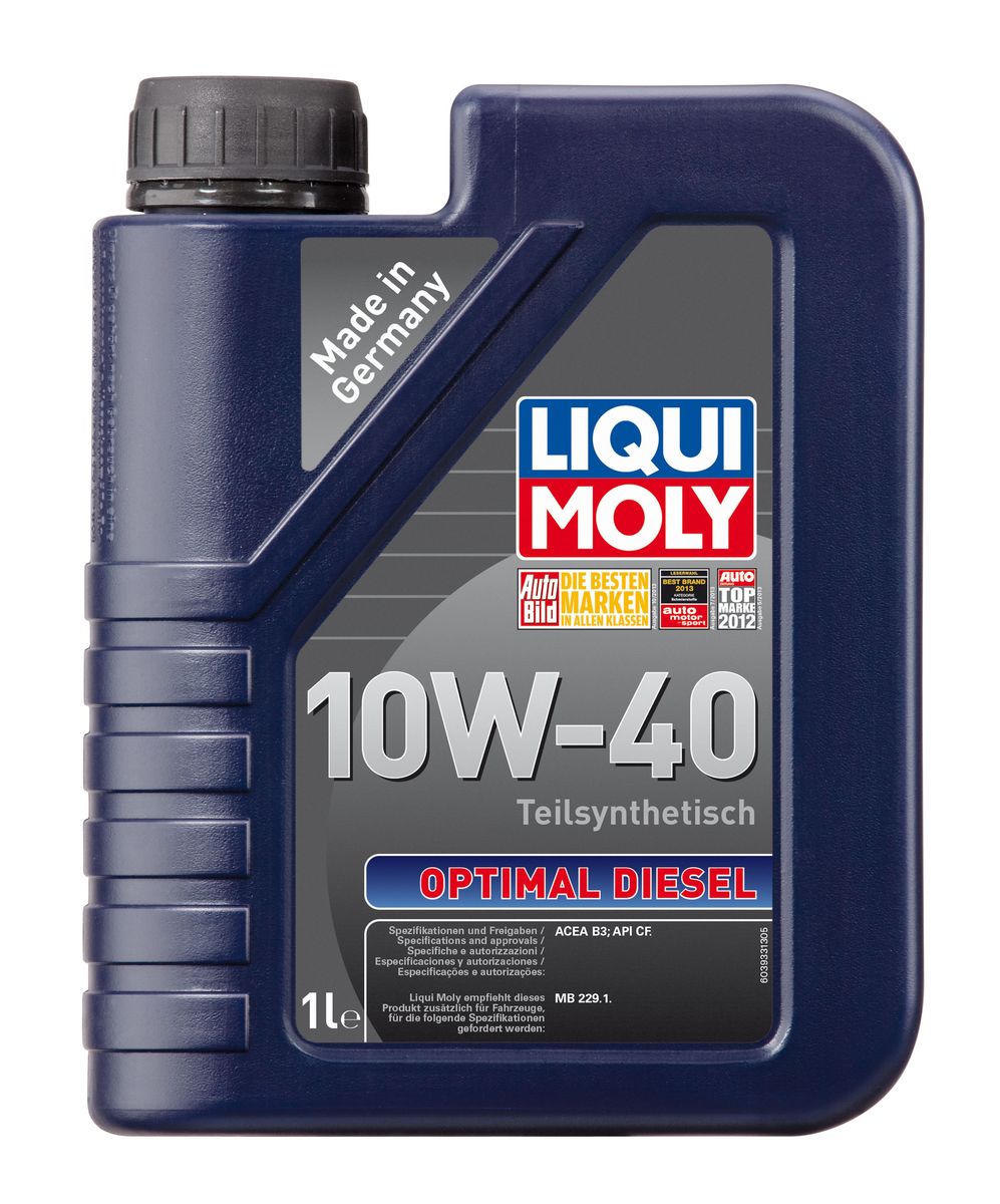Масло моторное Liqui Moly Optimal Diesel, полусинтетическое, 10W-40, 1 л3933 Масло моторное Liqui Moly Optimal Diesel, полусинтетическое, 10W-40, 1 л3933Масло моторное Liqui Moly Optimal Diesel - это полусинтетическое моторное масло специально для дизельных двигателей с адаптированным для российских условий пакетом присадок. Удовлетворяет современным международным стандартам API/ACEA. Подходит для широкого круга дизельных иномарок предыдущих поколений. В моторном масле используются синтетические и минеральные базовые компоненты, отличающиеся высокими защитными свойствами. Масло обеспечивает высокий уровень защиты от износа и гарантирует стабильное поступление масла ко всем деталям двигателя. Особенности: - Специальная формула для дизельных двигателей без сажевого фильтра - Надежная защита от износа - Низкий расход масла - Оптимальная чистота двигателя
