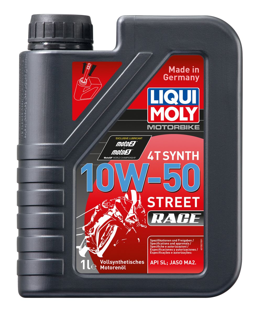Масло моторное Liqui Moly Motorbike 4T Synth Street Race, синтетическое, 10W-50, 1 л3982 Масло моторное Liqui Moly Motorbike 4T Synth Street Race, синтетическое, 10W-50, 1 л3982Масло моторное Liqui Moly Motorbike 4T Synth Street Race предназначено для эксплуатации гоночной мототехники на дорогах с твердым покрытием. Универсального применения. Особо рекомендуется для техники, производства Ducati, Harley Davidson. Для высоконагруженных мотоциклетных двигателей с мокрым и сухим сцеплением, воздушного и водяного охлаждения. Возможно использование на технике с большим пробегом. Современная формула, сочетающая высокостабильную ПАО-базовую основу с современными присадками. Масло совместимо с фрикционными материалами сцепления даже особо мощных мотоциклетных двигателей. Отменно противостоит вспениванию и перегреву. Подобранная вязкость гарантирует оптимальную защиту двигателя от прихвата и задиров. Полностью синтетическая базовая основа обеспечивает: - стабильность вязкости в эксплуатации, - стабильное смазывание при высоких оборотах, - чистоту двигателя, - высочайшую защиту двигателя от износа, - низкий расход...